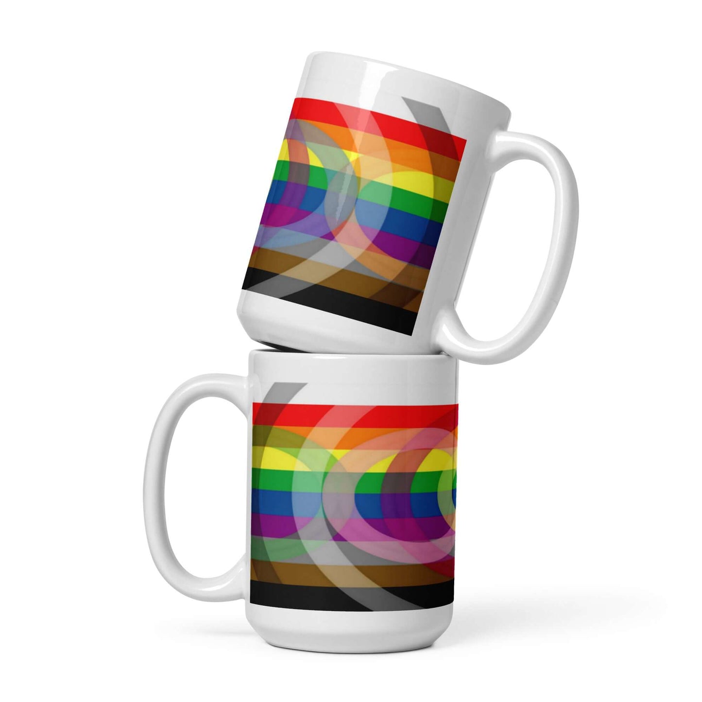 Outburo Intersectional Pride Mug featuring colorful rainbow design, perfect for coffee, tea, or any beverage.