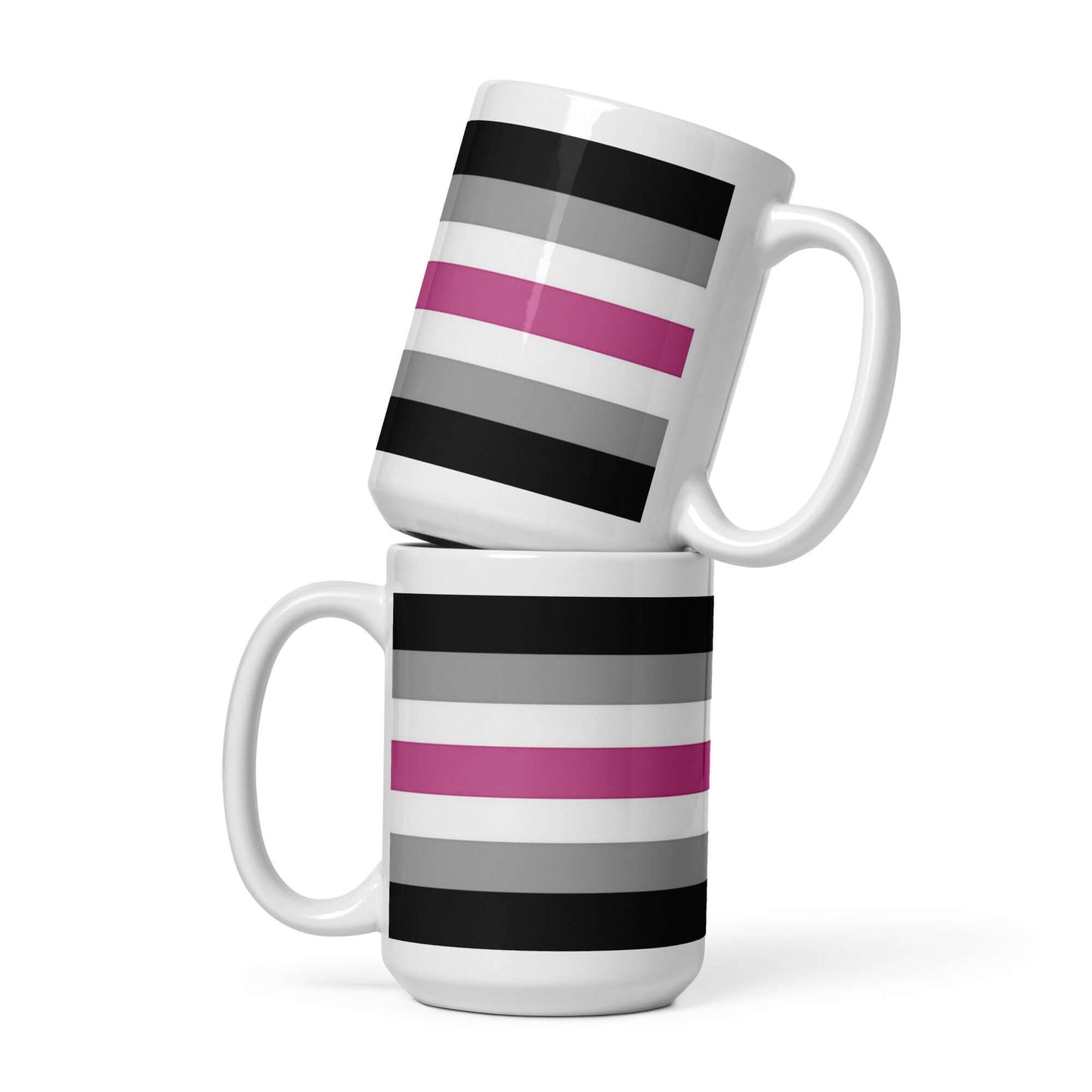 Librafemme Pride Mug featuring bold stripes in black, gray, and pink, showcasing vibrant design.