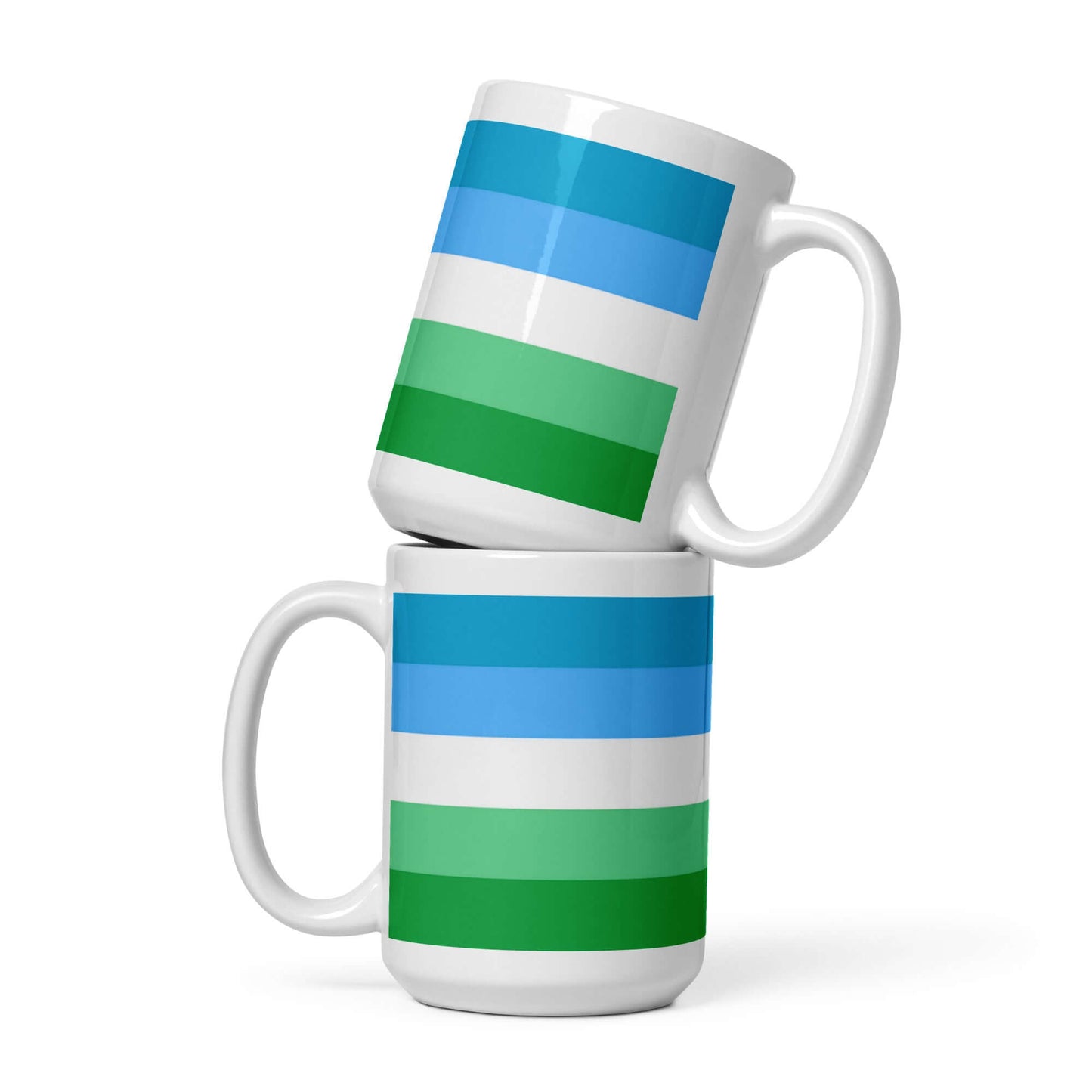 Gay Men III Pride Mug featuring vibrant stripes in blue and green, ideal for coffee or tea lovers.