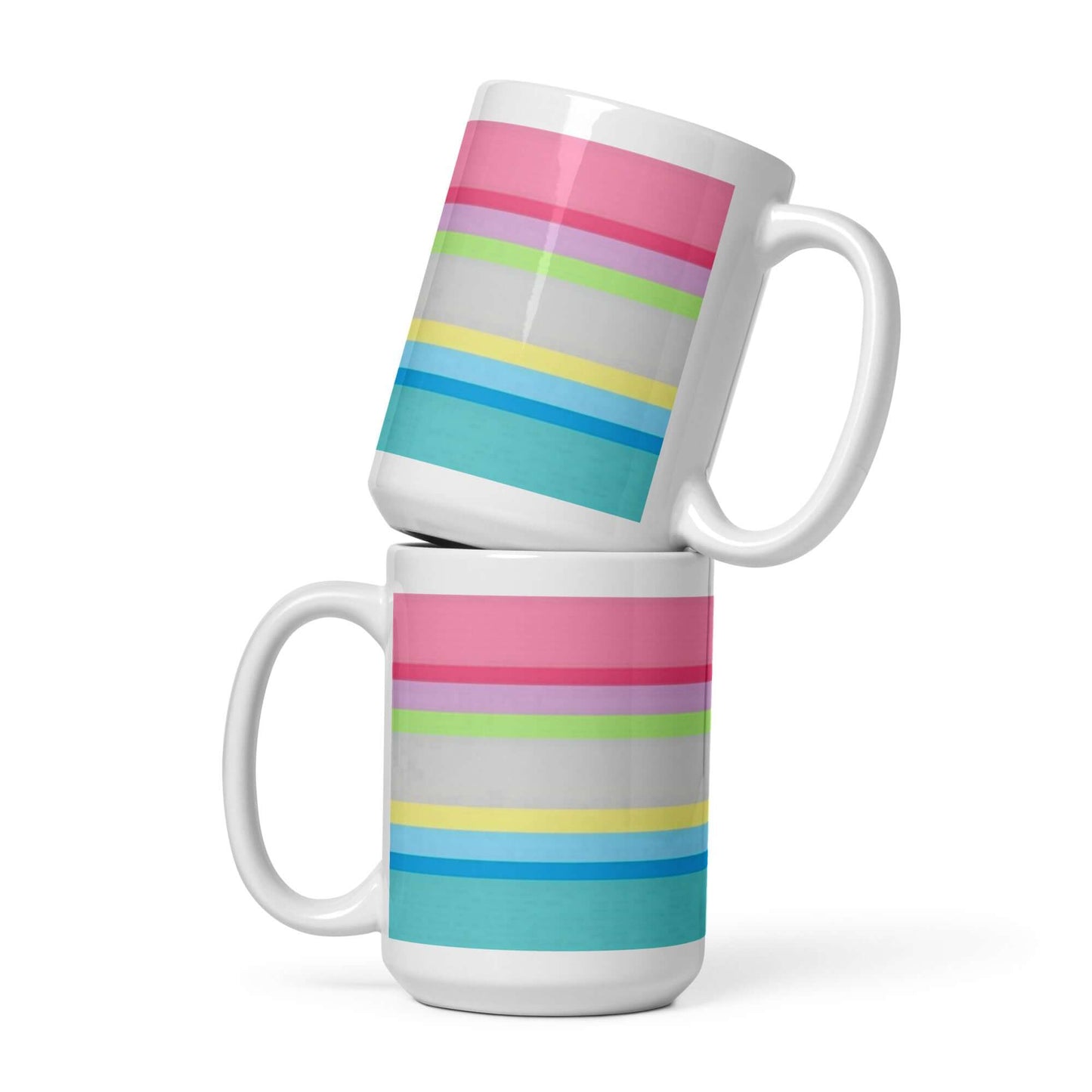 Gender Questioning Pride Mug featuring colorful stripes on a ceramic surface, perfect for coffee or tea.