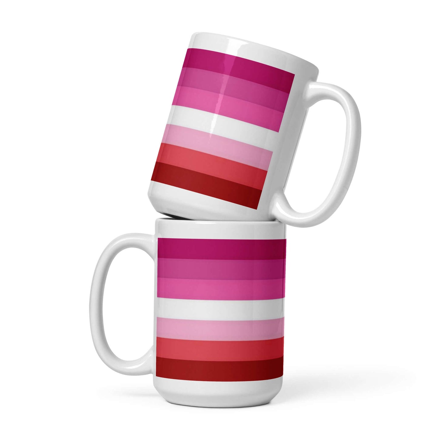 Lesbian Femme Pride Mug featuring vibrant pink stripes, perfect for showing pride while enjoying your favorite beverage.