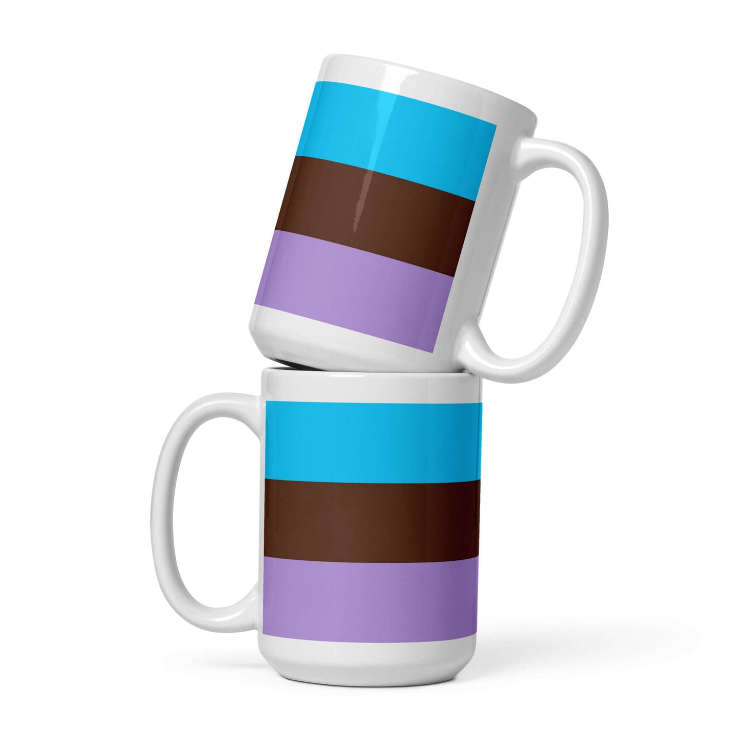 Androsexual Pride Mug in stacked view showcasing vibrant color stripes of blue, brown, and purple on glossy ceramic.