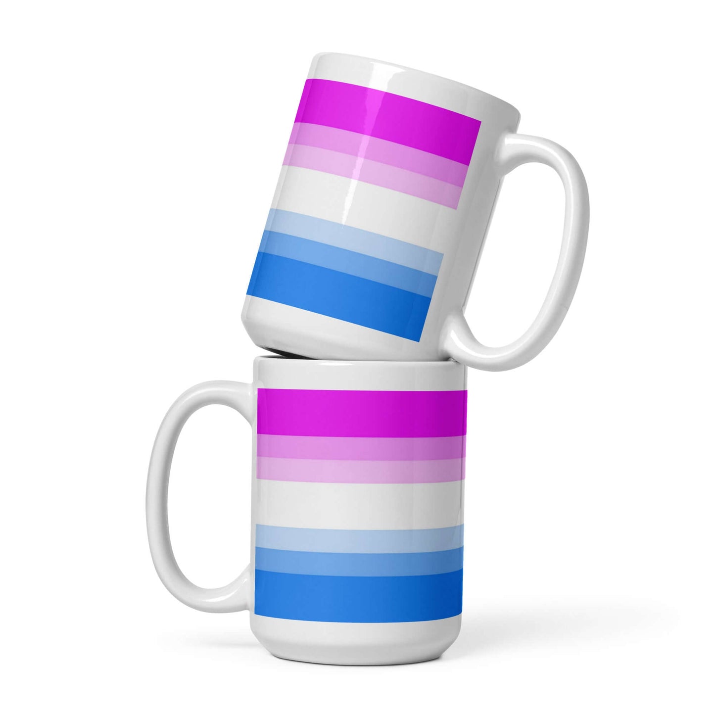 Two Bi-Curious Pride Mugs stacked, featuring vibrant pink and blue stripes on a glossy ceramic finish.