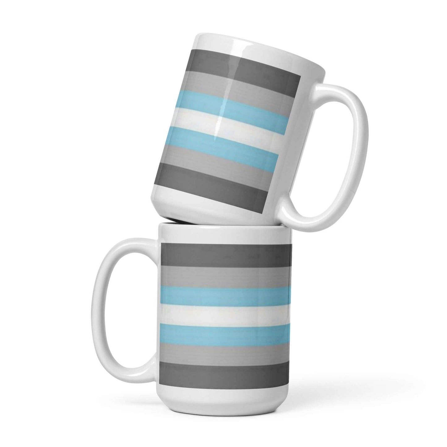 Demigender Demiboys Pride Mug stacked, showcasing its stylish striped design in blue and gray.