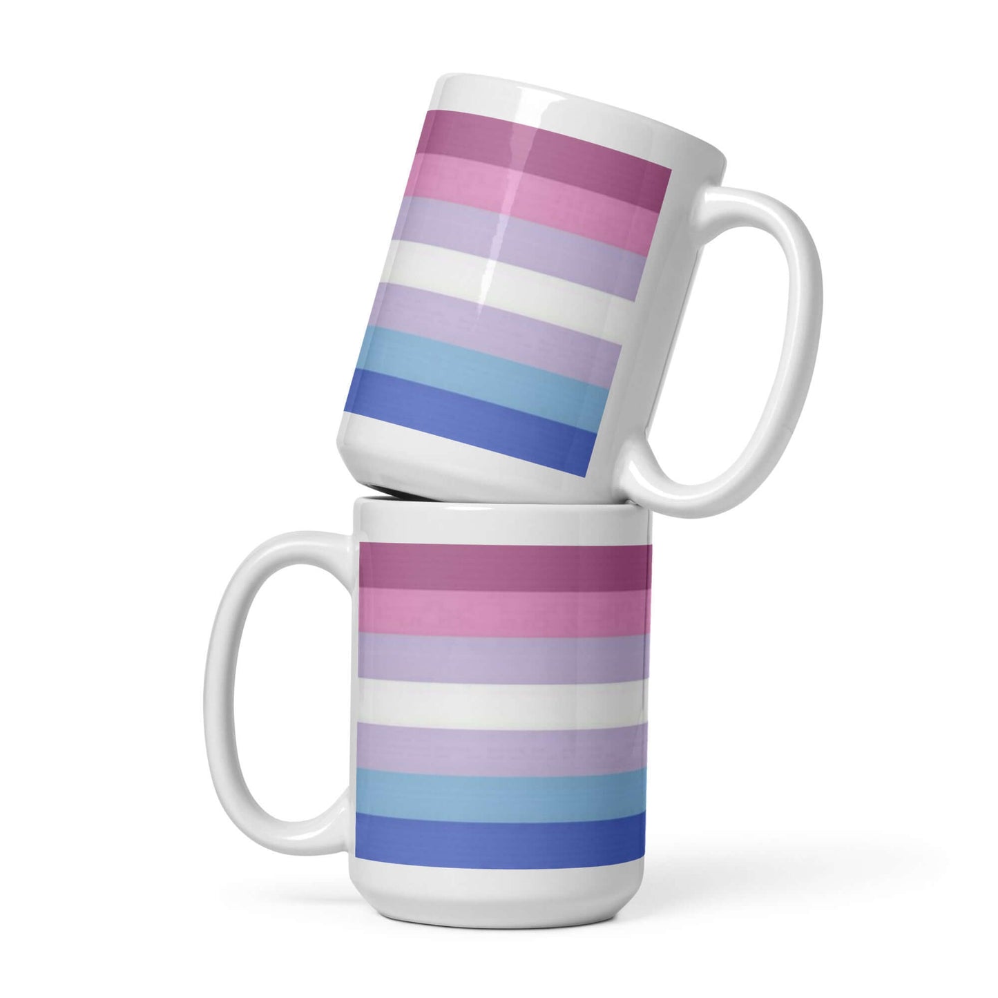 Bigender Pride Mug in a stack showcasing the colorful pride stripes on a glossy ceramic finish.