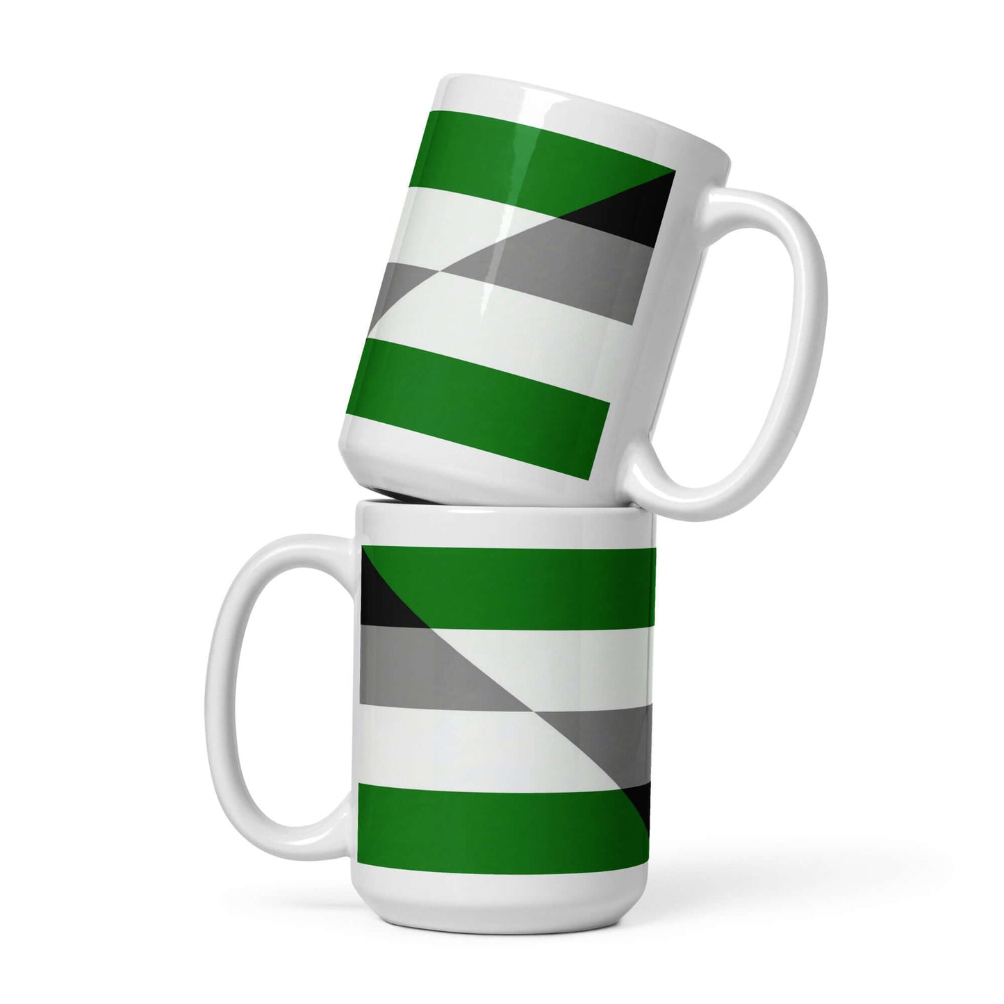 Aegoromantic Pride Mug stacked design showcasing green and gray stripes for daily beverages.