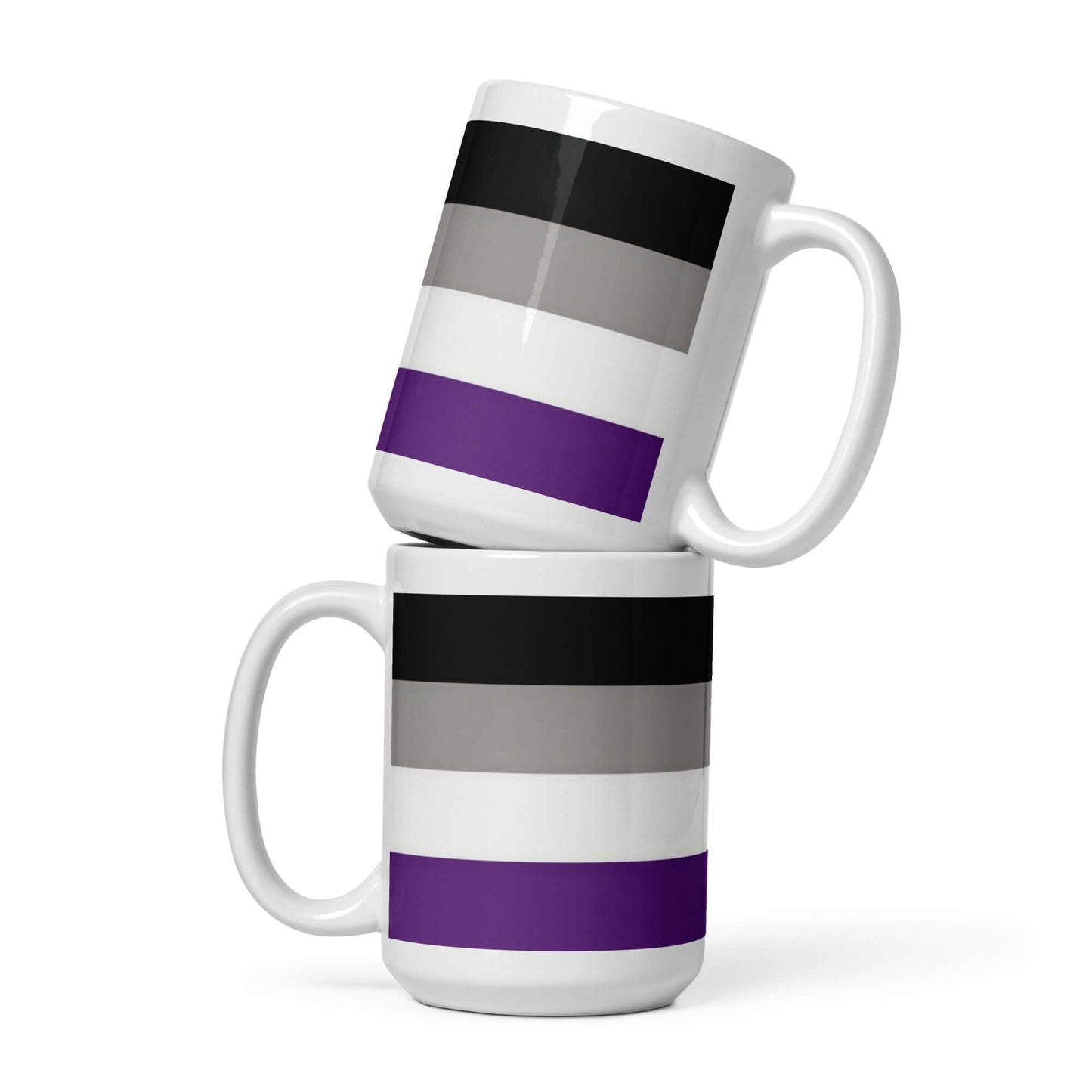 Asexual Demisexual Pride Mug featuring black, gray, white, and purple stripes on two ceramic mugs.