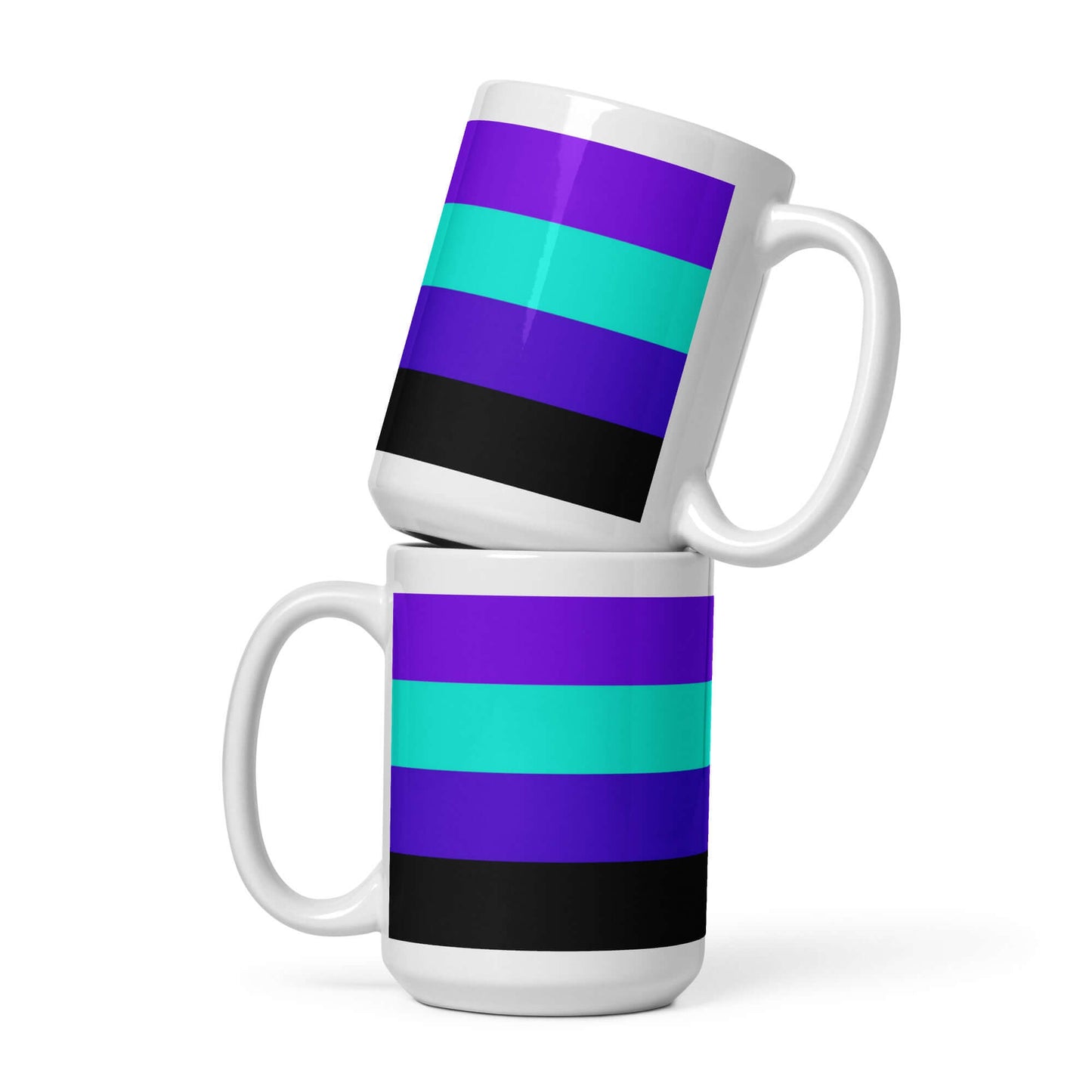 Alexigender Pride Mug featuring purple, teal, and black striped design, perfect for coffee or tea lovers.