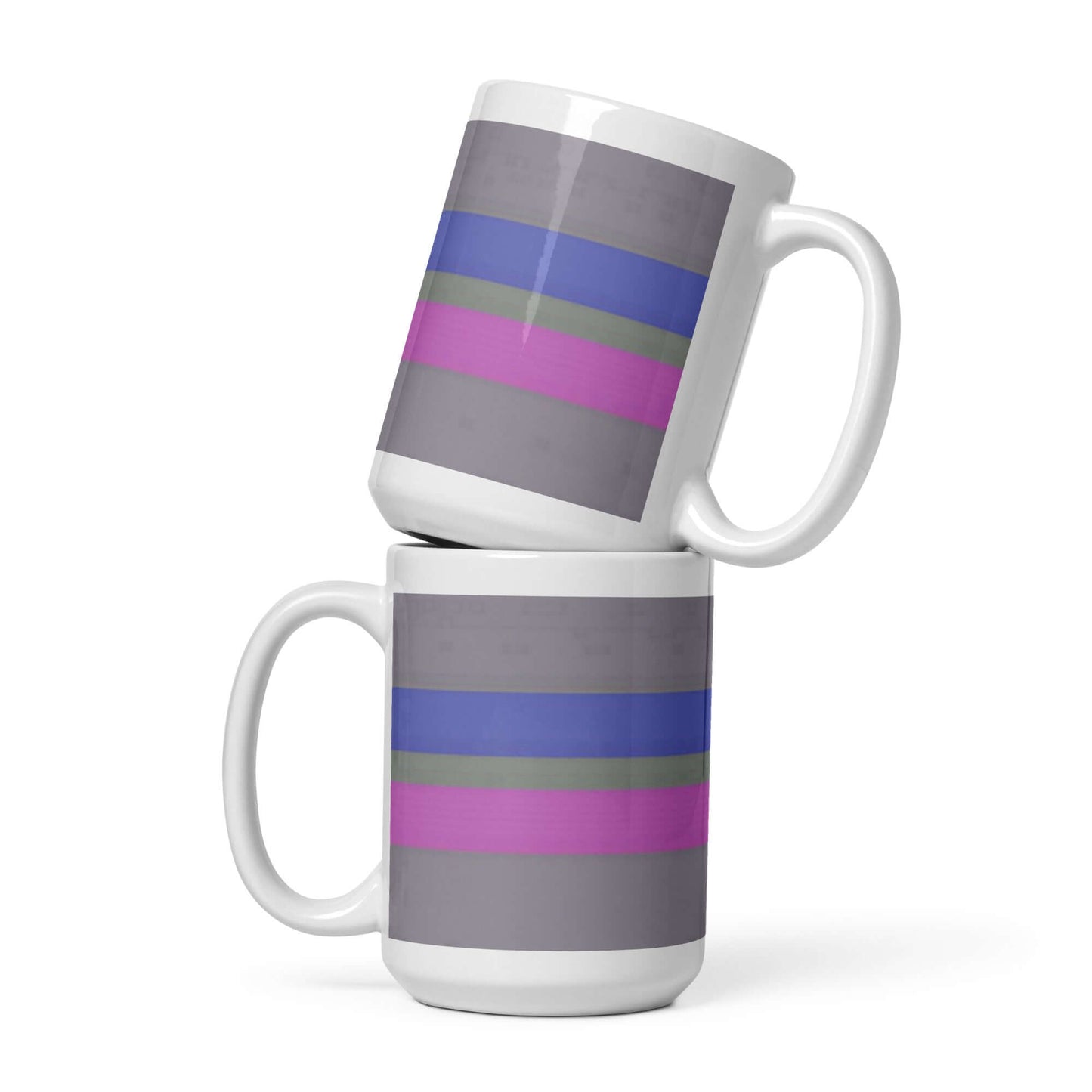 Androgynous Pride Mug design featuring colorful stripes on glossy ceramic mugs stacked together.