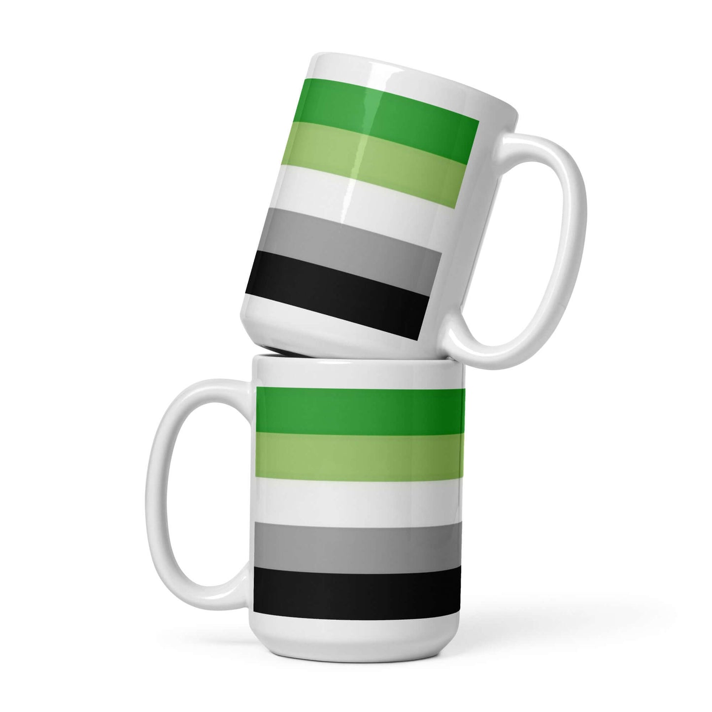 Aromantic Pride Mug displayed in a stacked arrangement, showcasing vibrant colors aligned with aromantic pride.