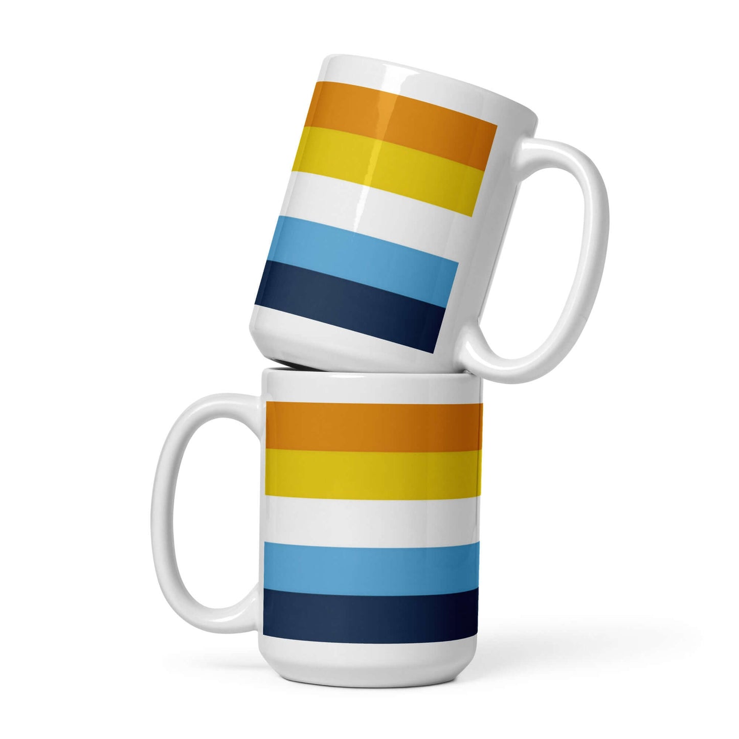 Aroace Pride Mug featuring vibrant orange, yellow, blue, and navy stripes, stacked for display.