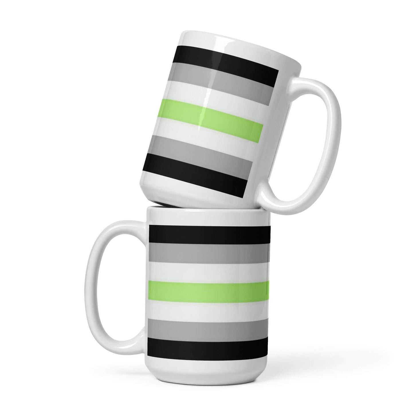 Agender Pride Mug featuring stacked mugs with black, gray, and green stripes.