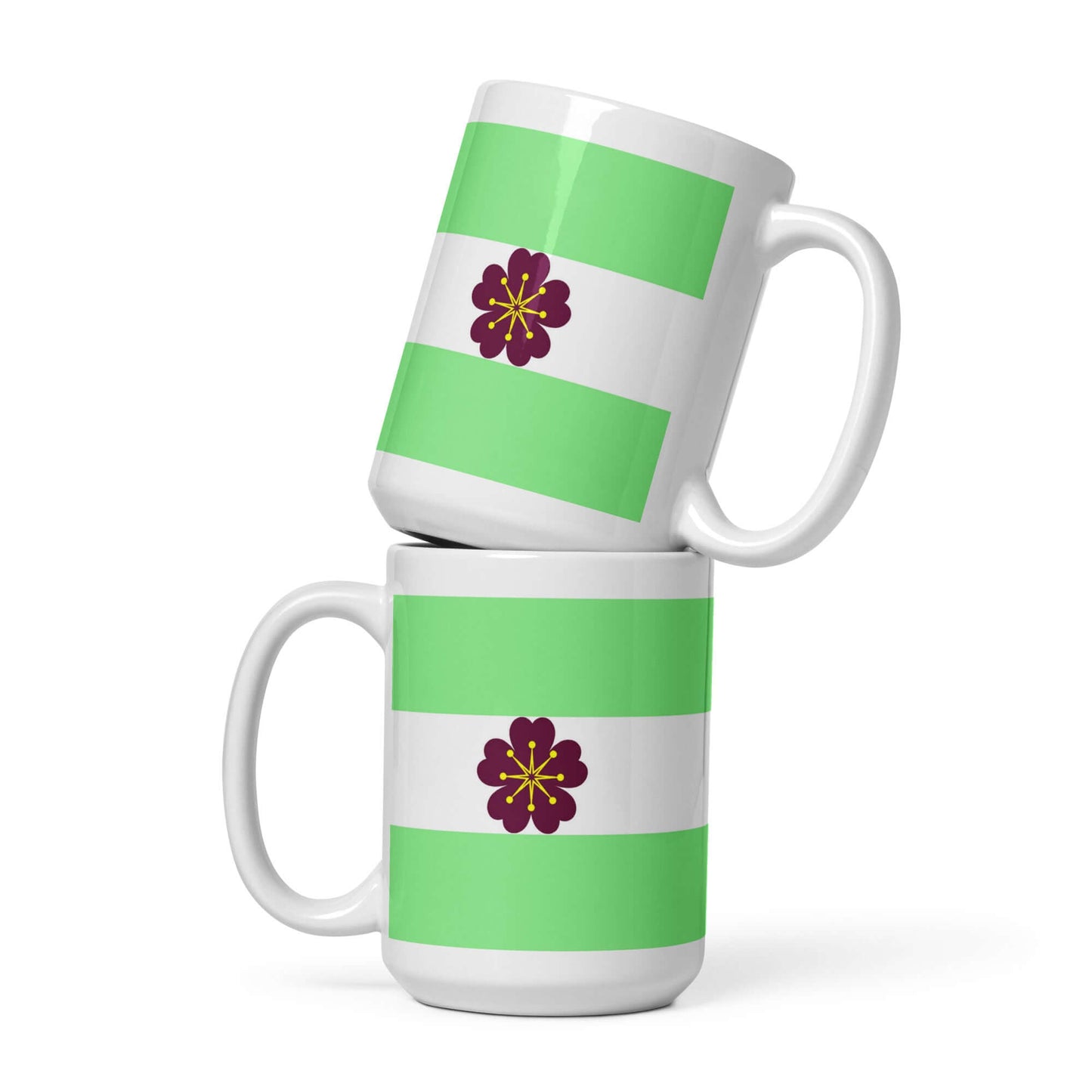 Diamoric Pride Mug featuring a vibrant green and white striped design with a floral motif.