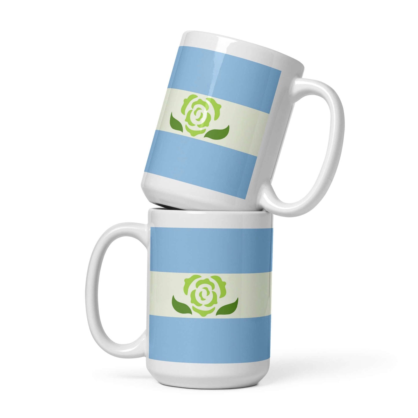 Two Achillean Pride Mugs stacked, featuring a blue and white design with a green rose emblem.