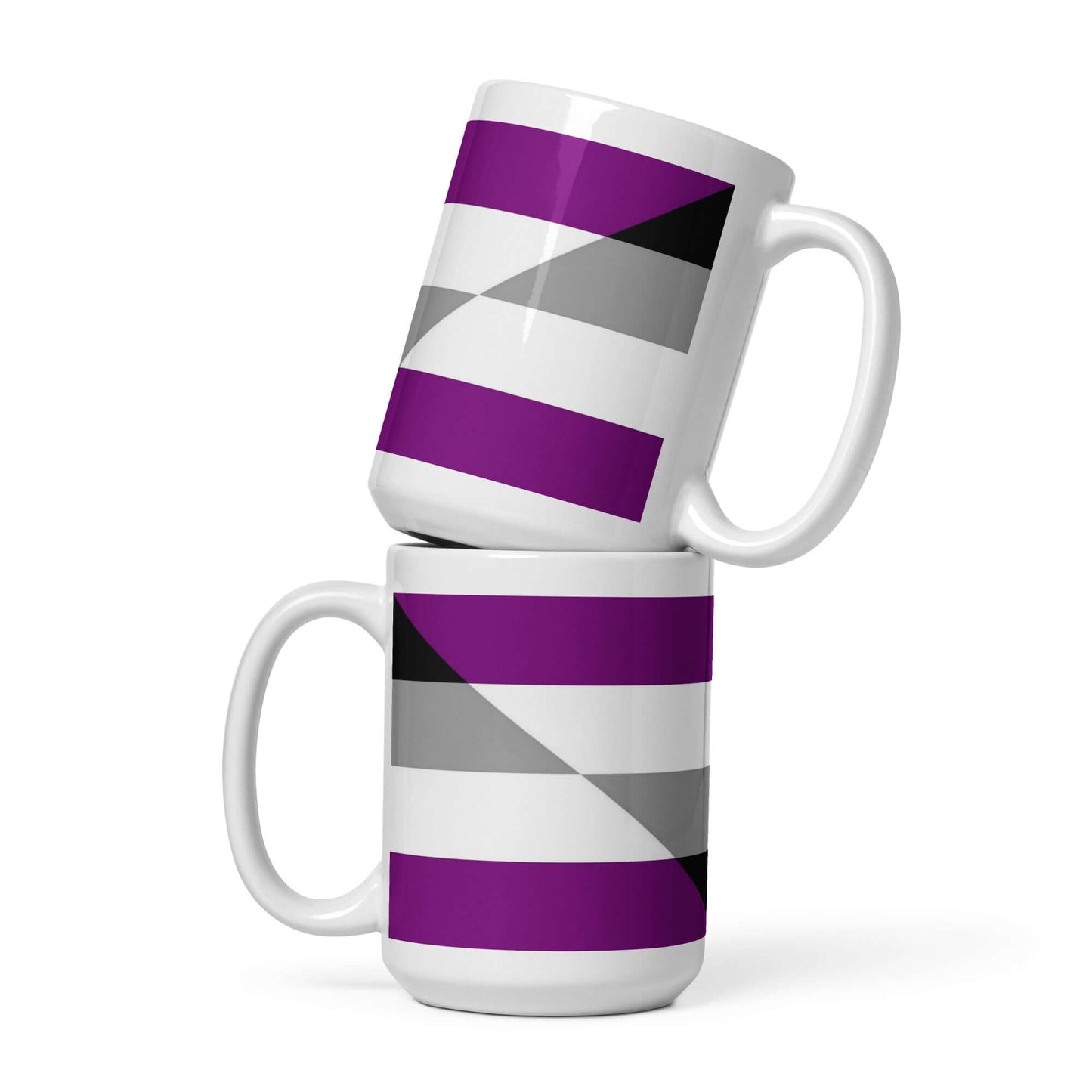 Aegosexual Pride Mug displaying vibrant purple, gray, and black geometric patterns on two stacked ceramic mugs.