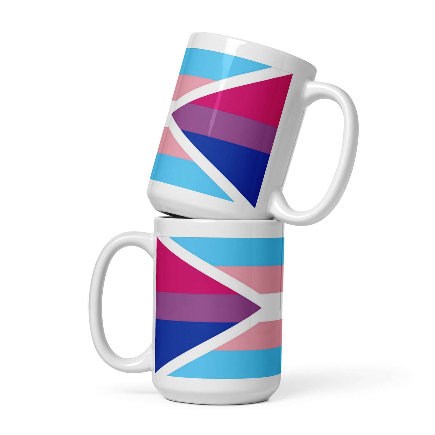 Transgender Bisexual II Pride Mug featuring a vibrant design in pink, blue, and white colors, stacked for display.