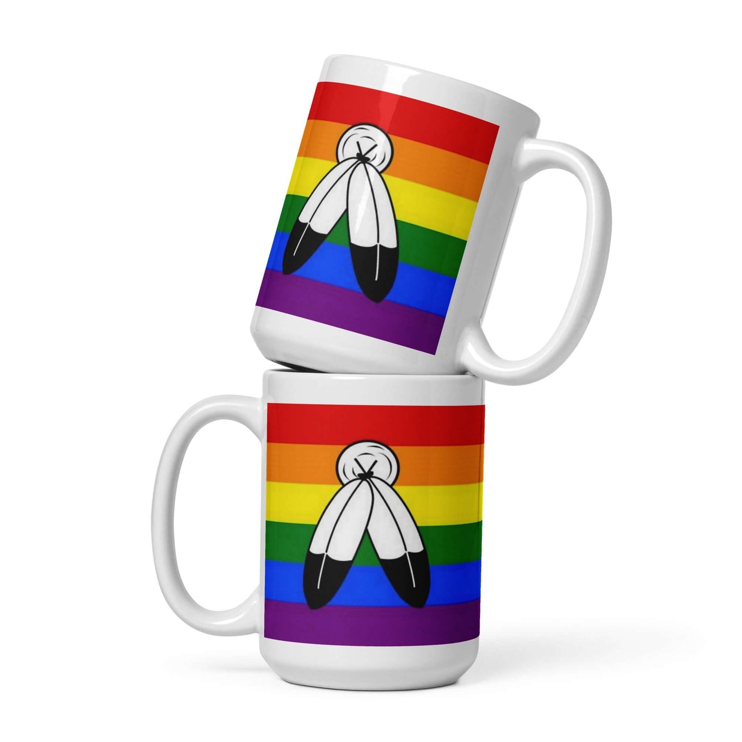 Two Spirit Pride Mug featuring a colorful rainbow design with Indigenous symbols, perfect for coffee and tea.