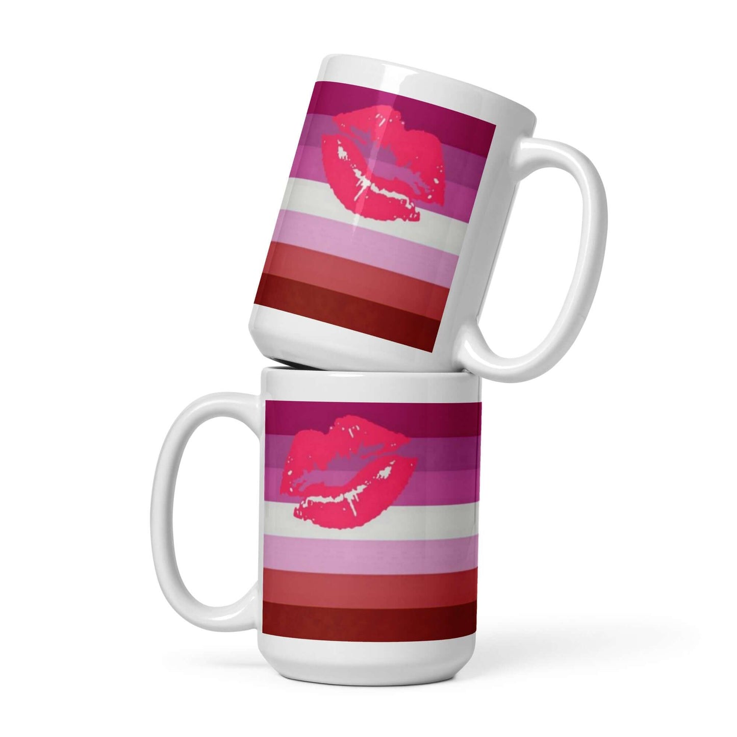 Lipstick Lesbian Pride Mug featuring bold lip print and vibrant stripes, perfect for coffee or tea.