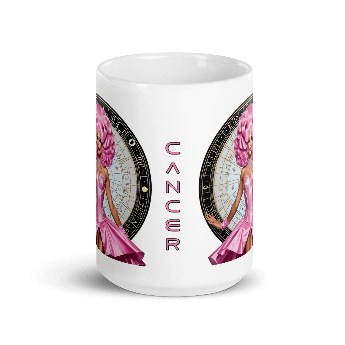 Haus Of Zodiac Mug | Shell We Dance (Cancer) featuring a pink-haired illustration and zodiac design.