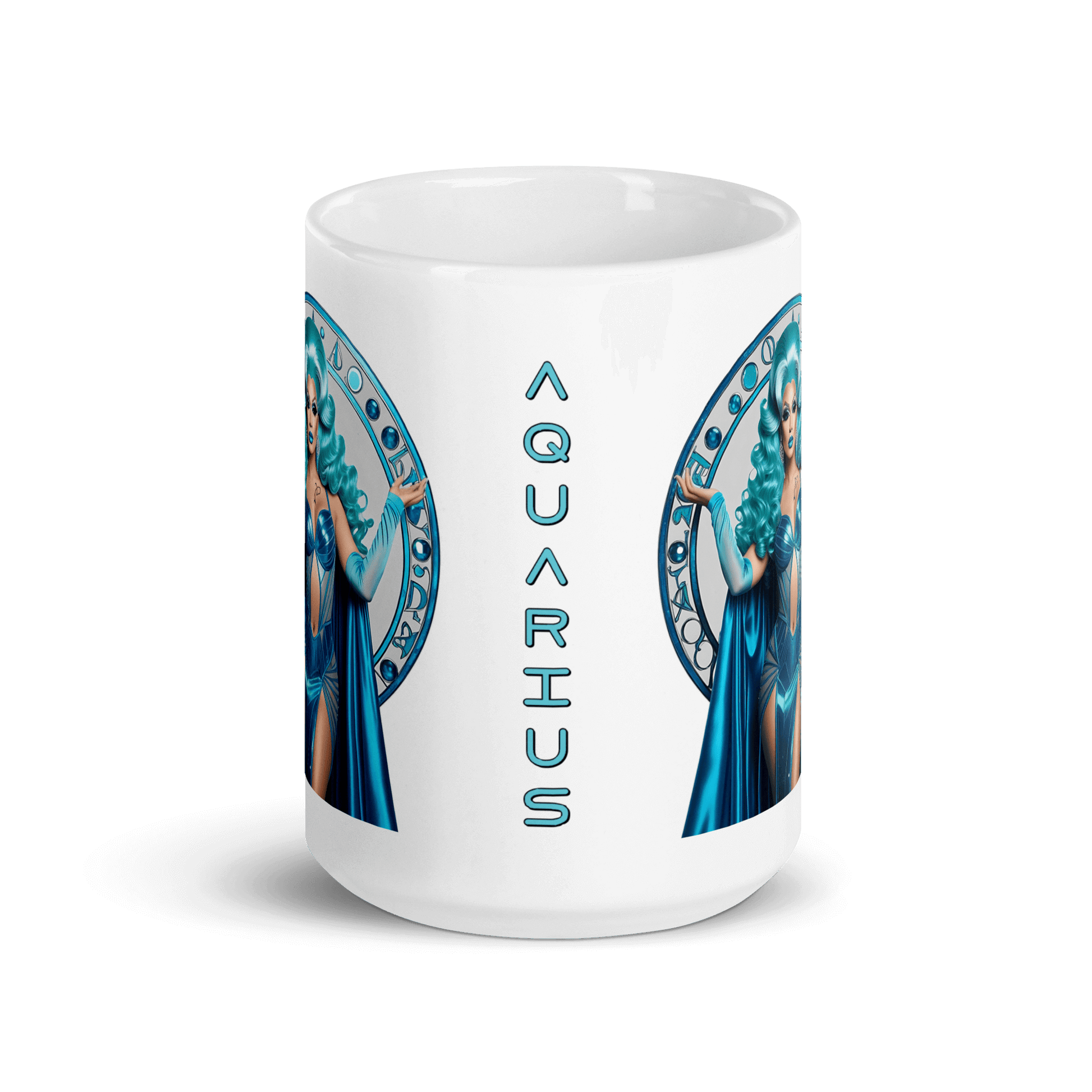 Haus Of Zodiac Mug | Aqua D'Aura (Aquarius) featuring a vibrant design and the word 'Aquarius' prominently displayed.