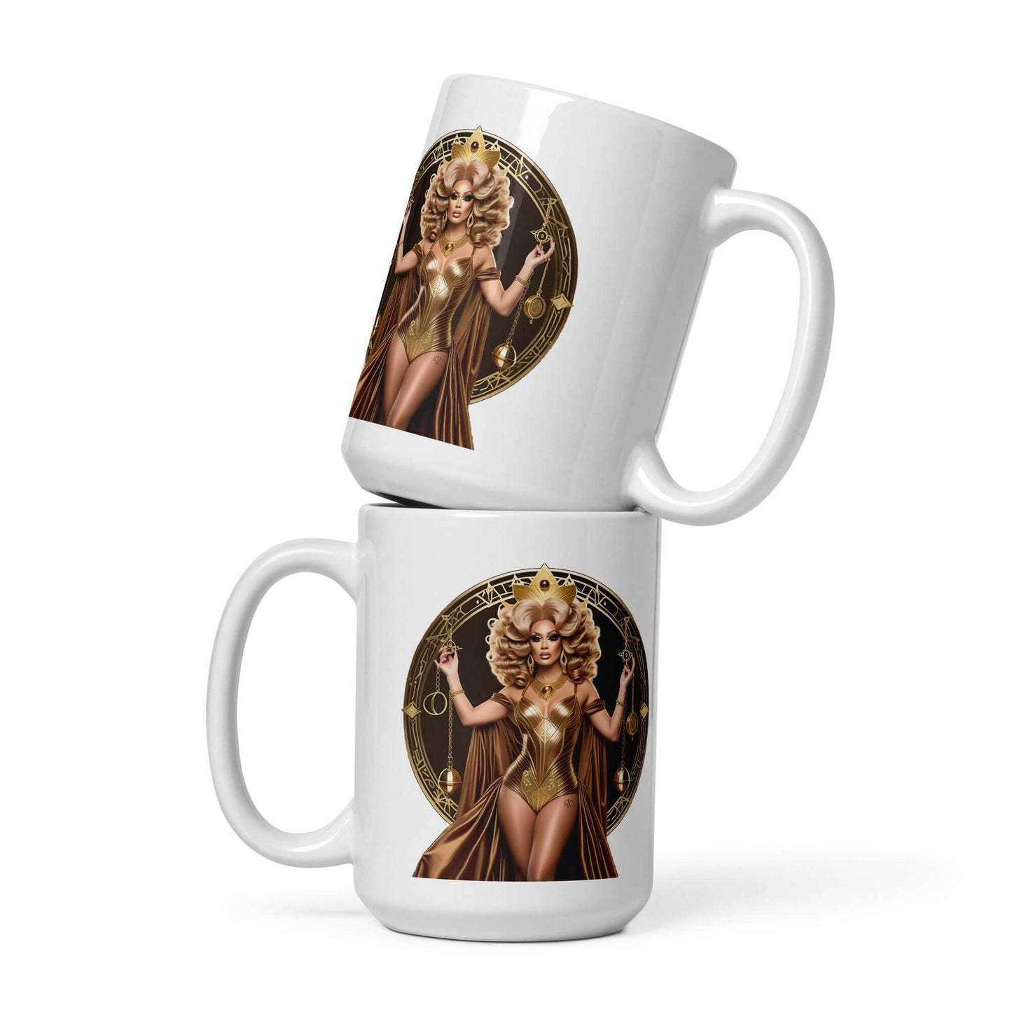 Haus Of Zodiac Mug | Justica Devine (Libra) featuring a design of a powerful woman in astrology-themed artwork.