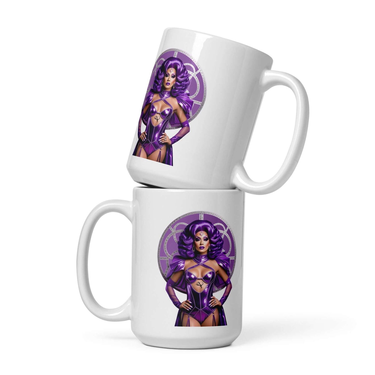 Haus Of Zodiac Mug | Leona Lux (Leo) featuring a vibrant design of Leona Lux in purple outfit.