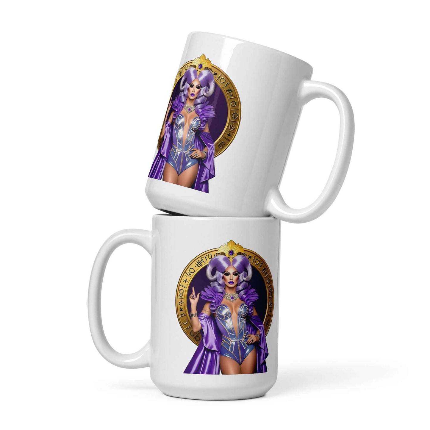 Haus Of Zodiac Mug | Arrow A'Mour (Sagittarius) design with vibrant artwork on two stacked mugs.