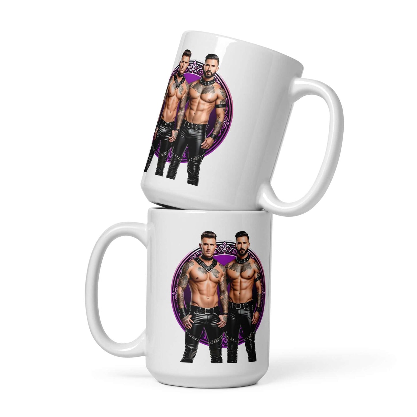 Haus Of Zodiac Mug | Leathermen Indigo & Koi (Pisces) featuring a vibrant design of two muscular men.