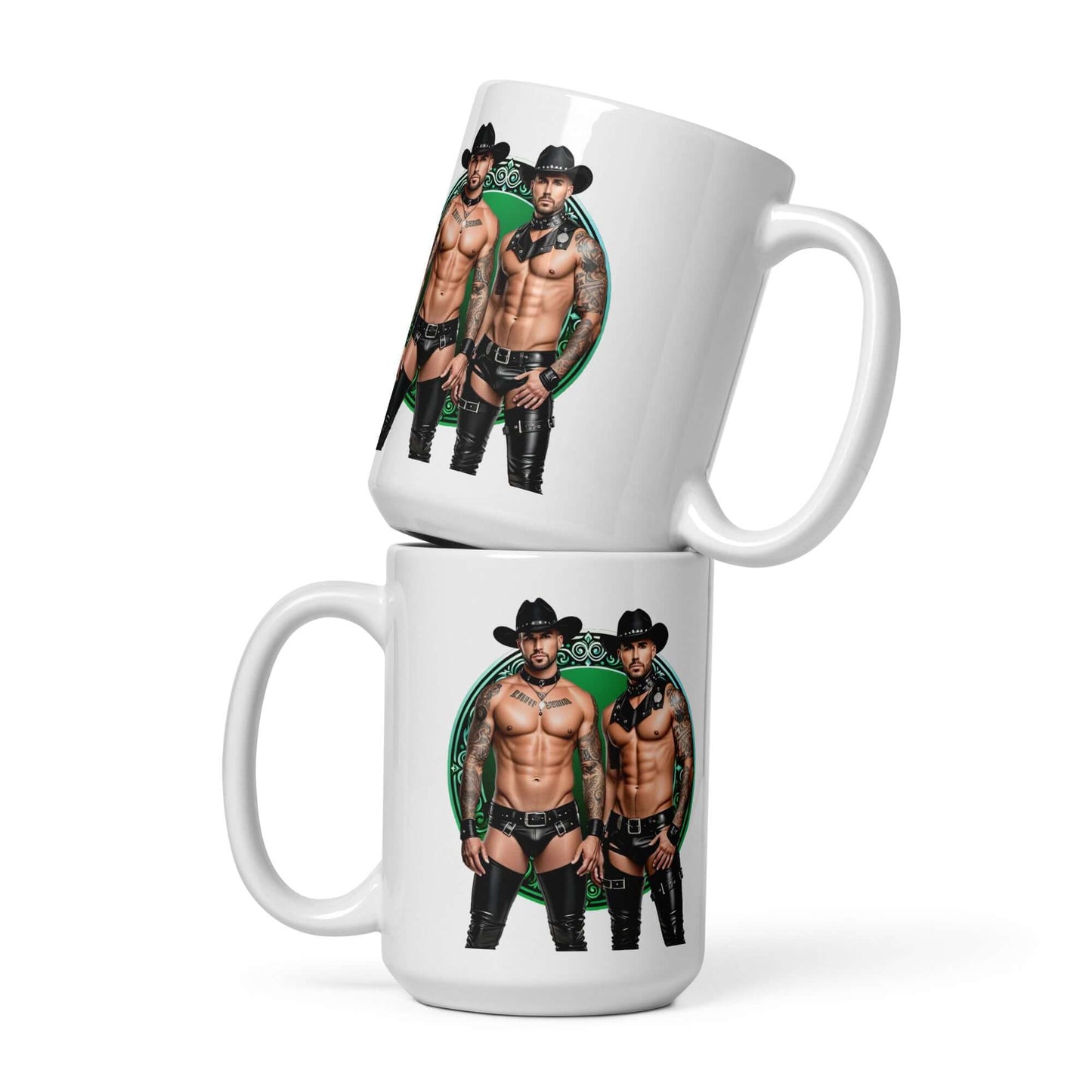 Haus Of Zodiac Mug | Leathermen Fin & Cade (Gemini) featuring two muscular cowboys in vibrant print.
