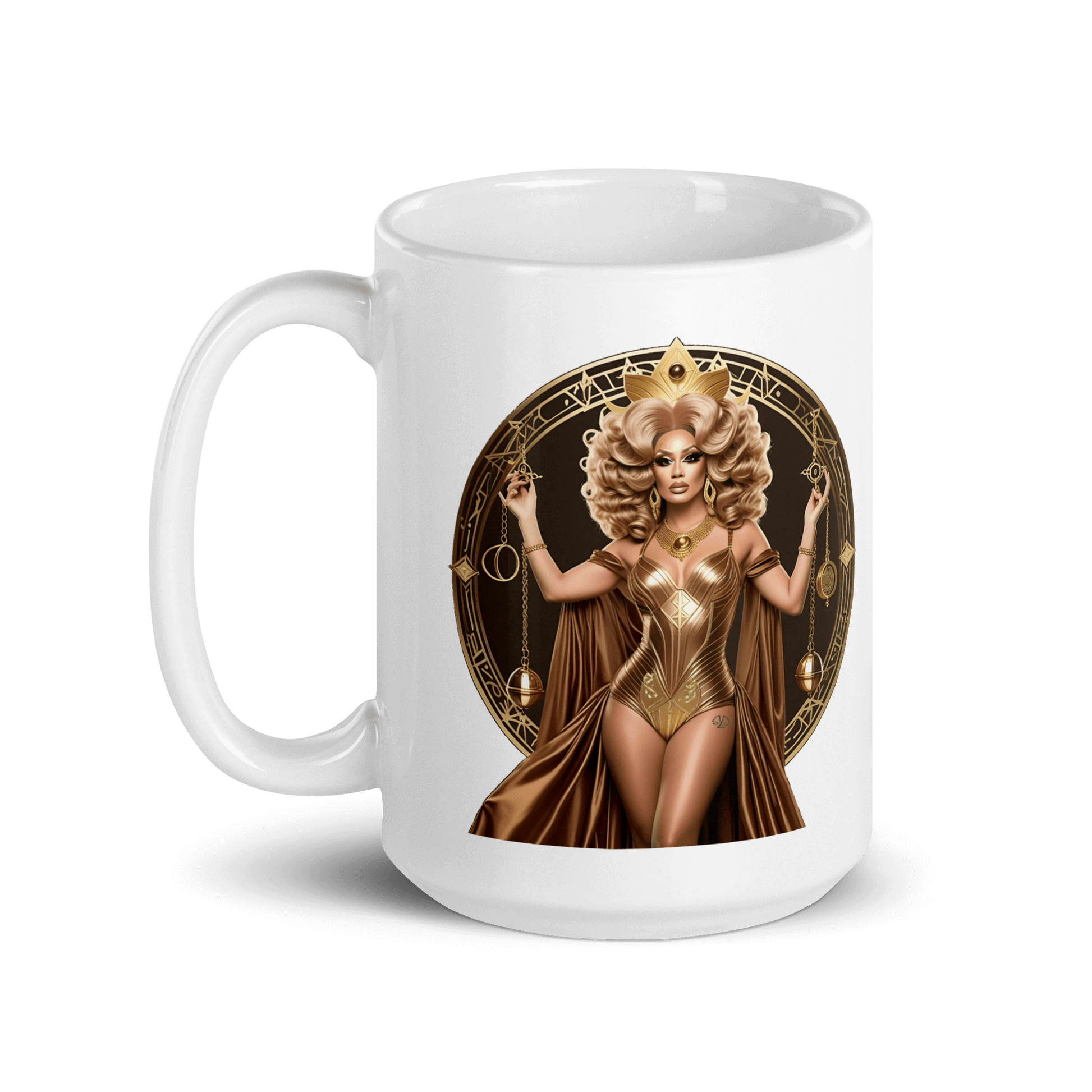 Haus Of Zodiac Mug | Justica Devine (Libra) with golden artwork and a cosmic design.
