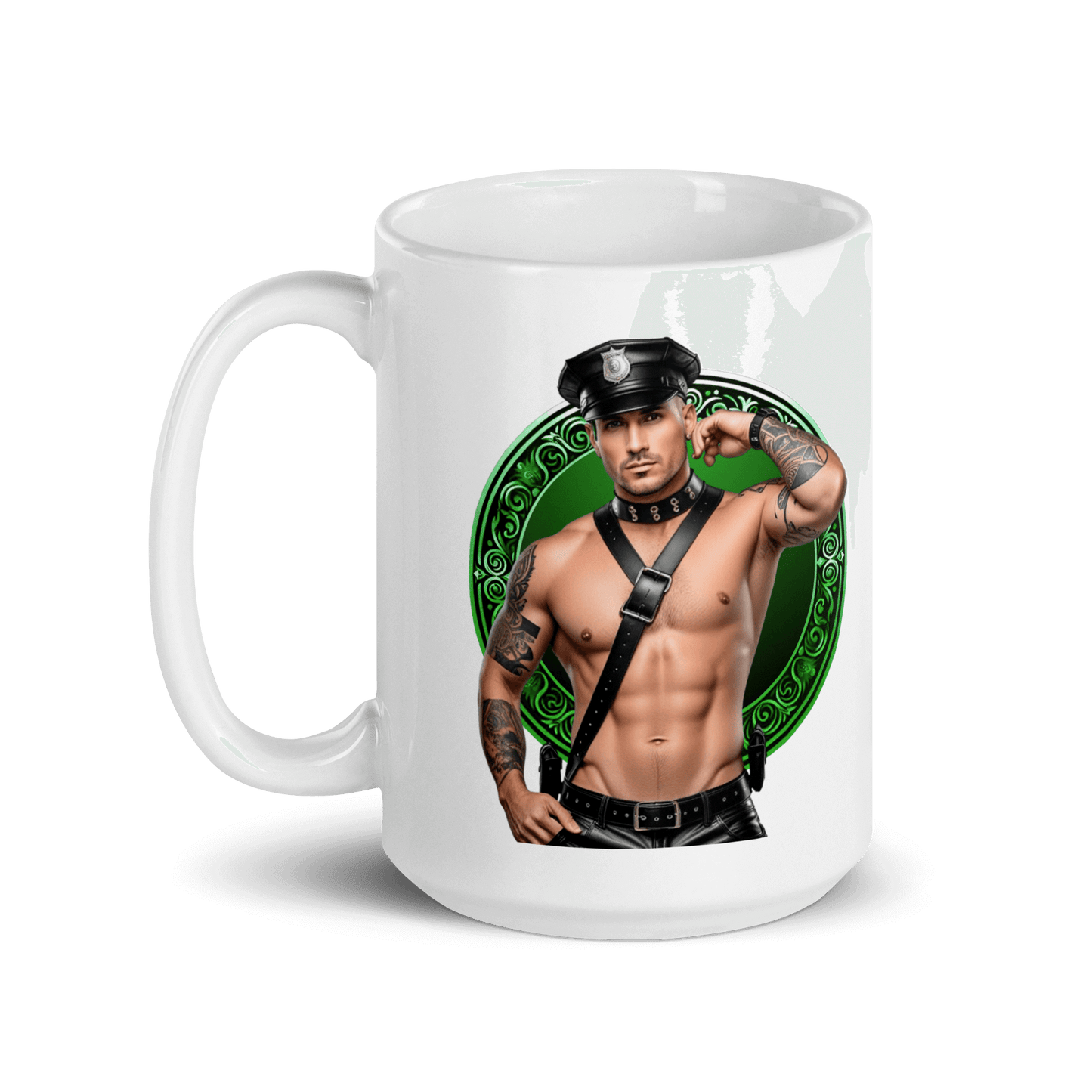Haus Of Zodiac Mug | Leatherman Griffin (Virgo) featuring a muscular man in a police outfit and tattoos.