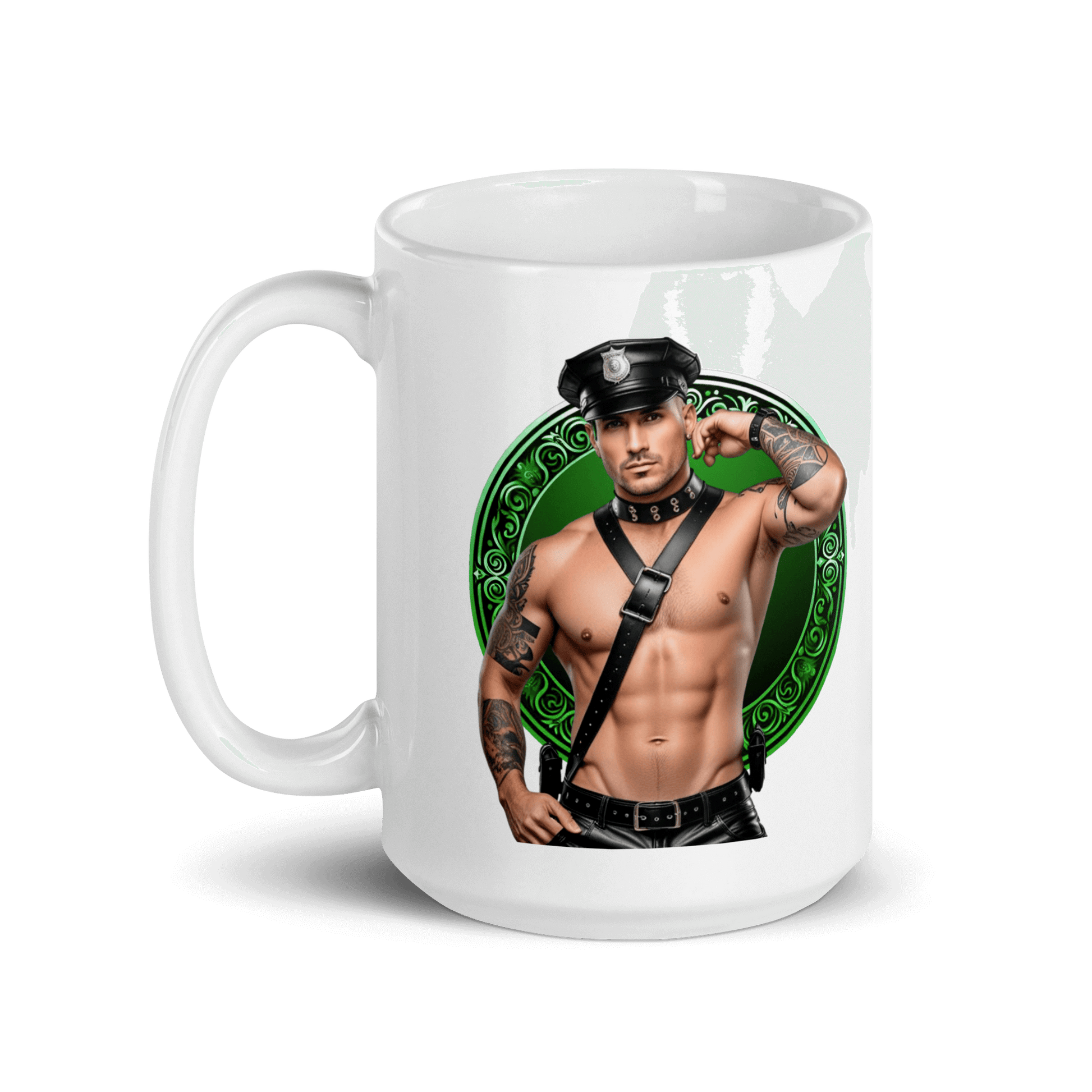 Haus Of Zodiac Mug | Leatherman Griffin (Virgo) featuring a muscular man in a police outfit and tattoos.