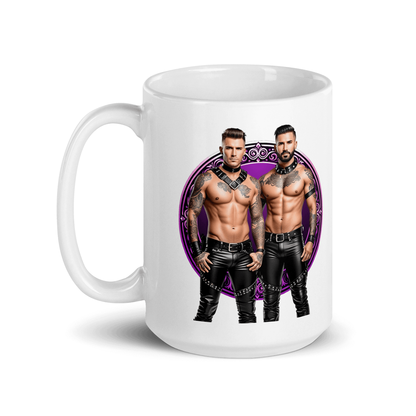Haus Of Zodiac Mug | Leathermen Indigo & Koi (Pisces) featuring two men with tattoos on a glossy white ceramic mug.