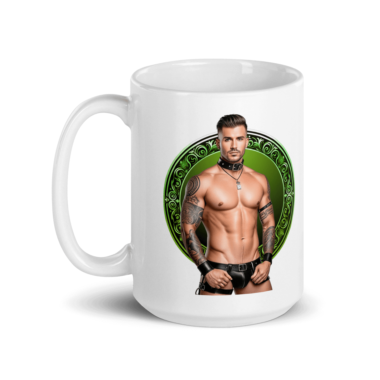 Haus Of Zodiac Mug | Leatherman Pierce (Libra) featuring a muscular man with tattoos in a decorative design.