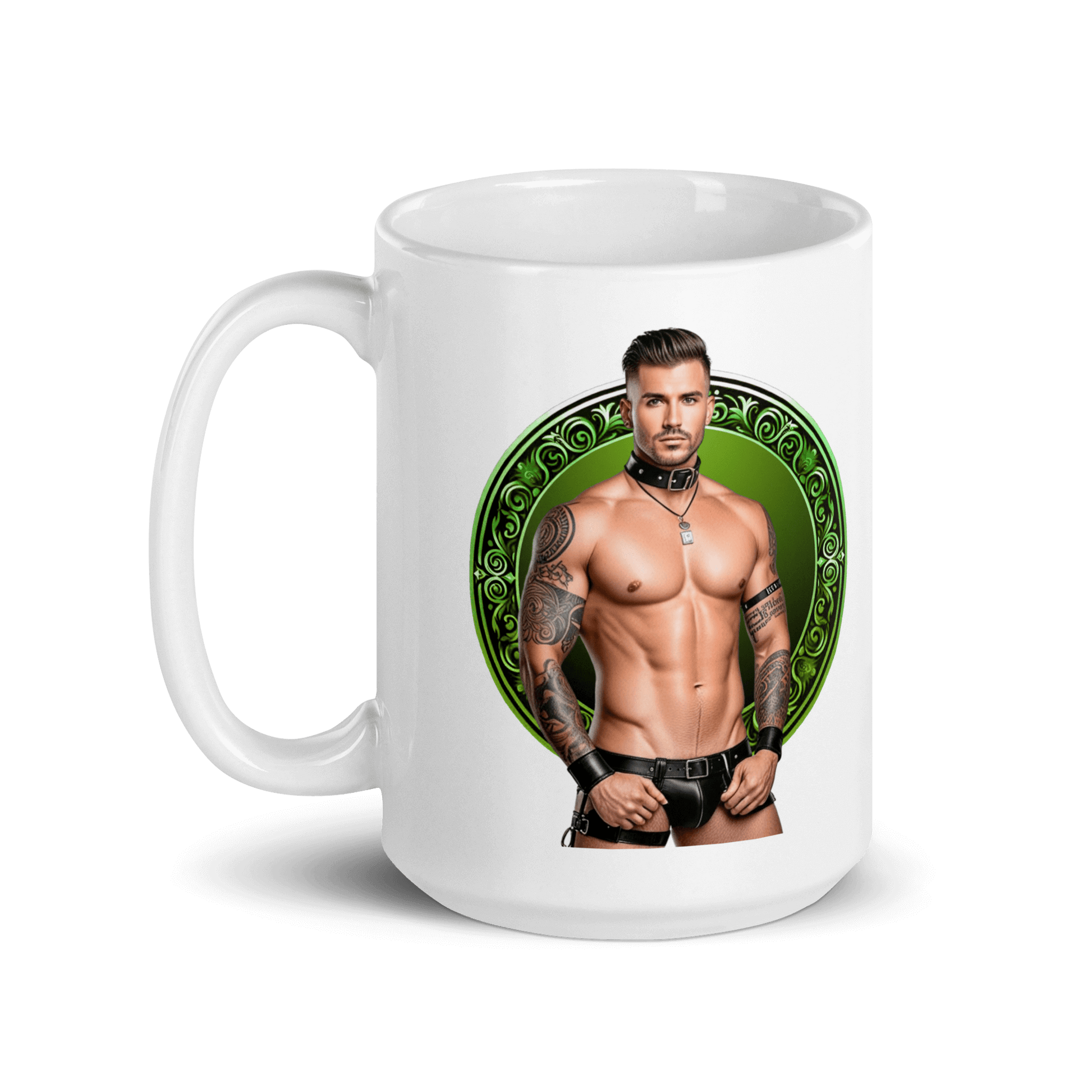 Haus Of Zodiac Mug | Leatherman Pierce (Libra) featuring a muscular man with tattoos in a decorative design.
