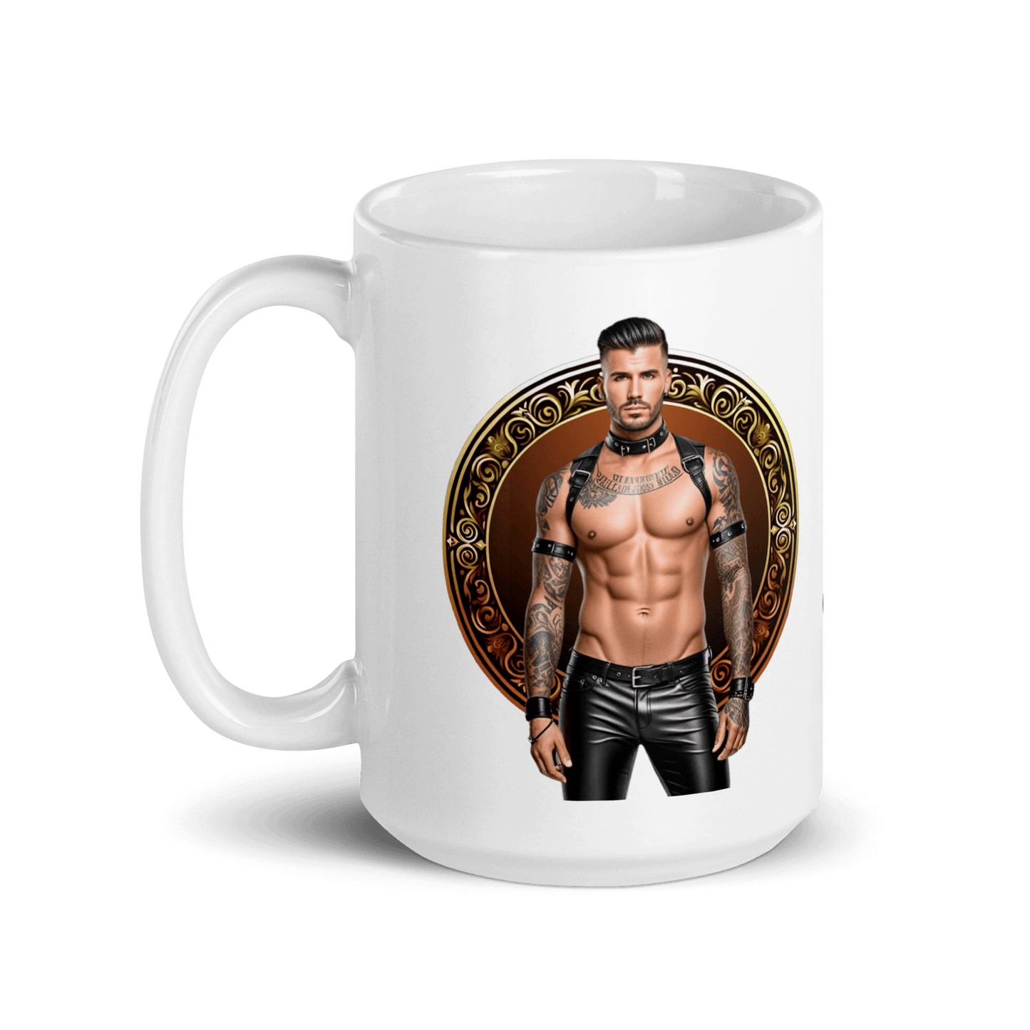 Haus Of Zodiac Mug | Leatherman Rex (Leo) featuring a man with tattoos on a glossy ceramic mug.