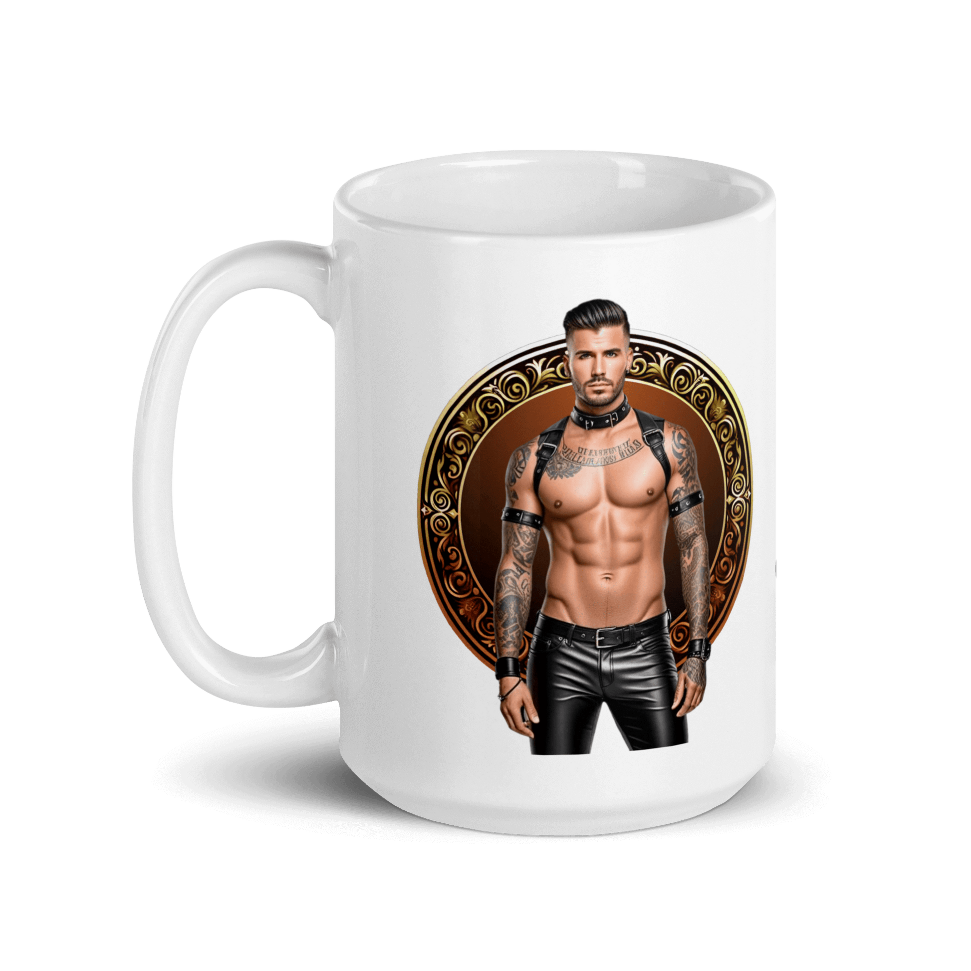 Haus Of Zodiac Mug | Leatherman Rex (Leo) featuring a man with tattoos on a glossy ceramic mug.