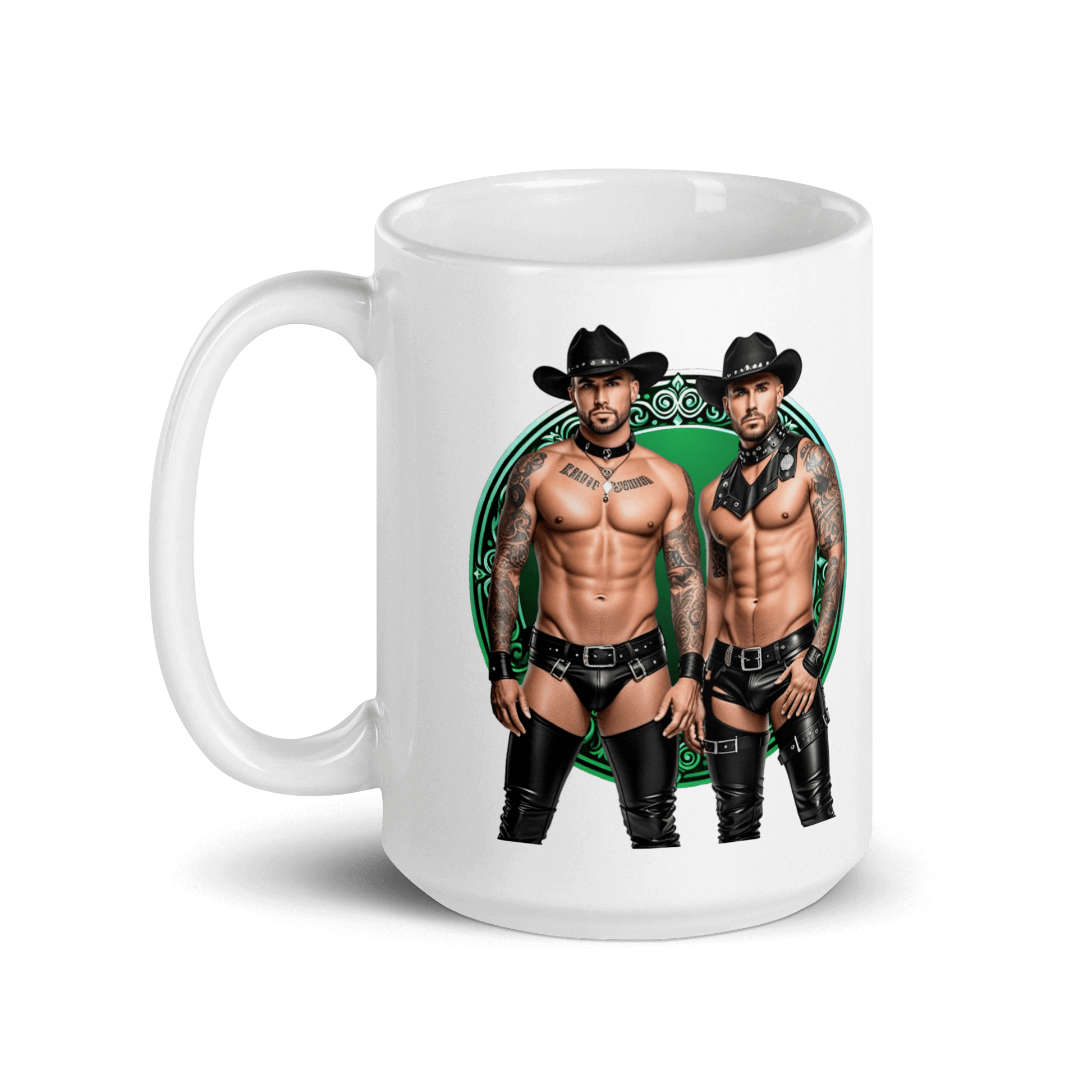 Haus Of Zodiac Mug | Leathermen Fin & Cade (Gemini) featuring two muscular cowboys in leather attire