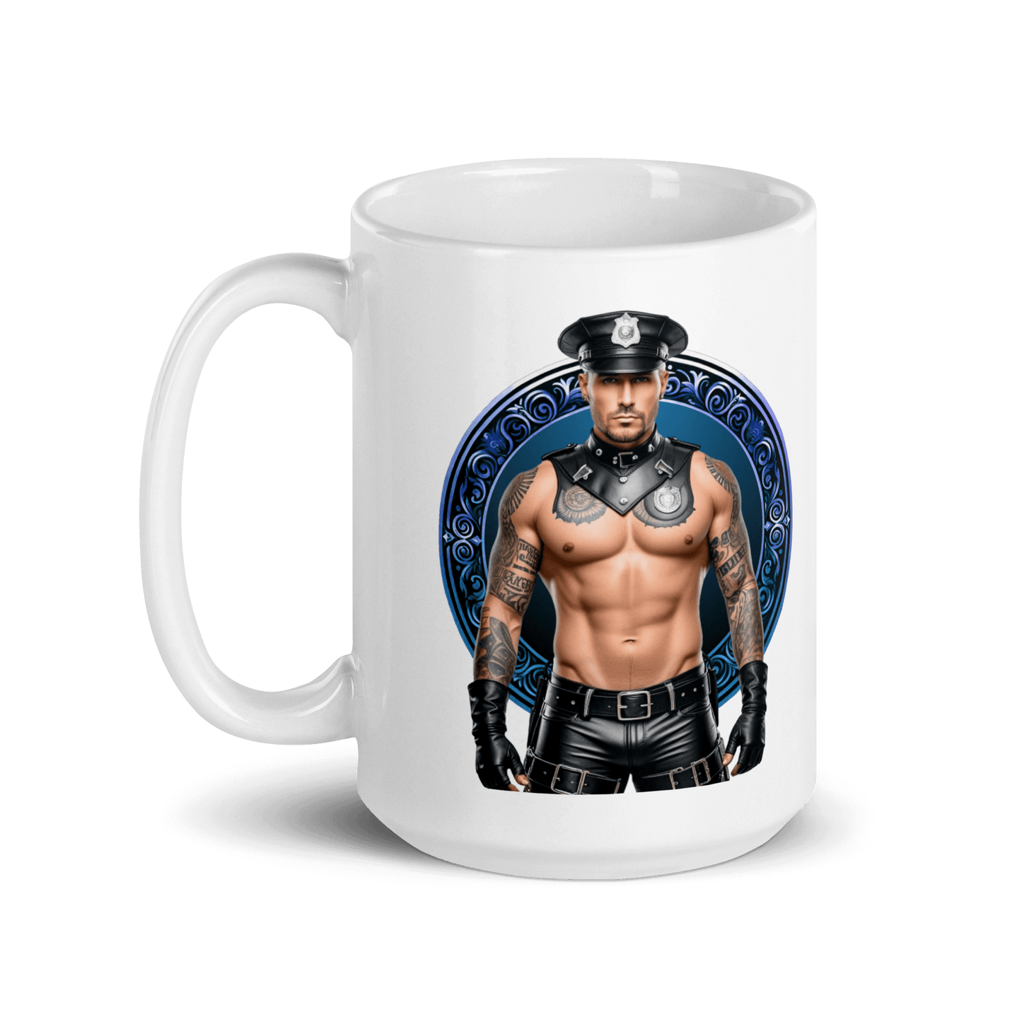 Haus Of Zodiac Mug | Leatherman Ronan (Cancer) featuring a muscular man in a police costume on a stylish mug.