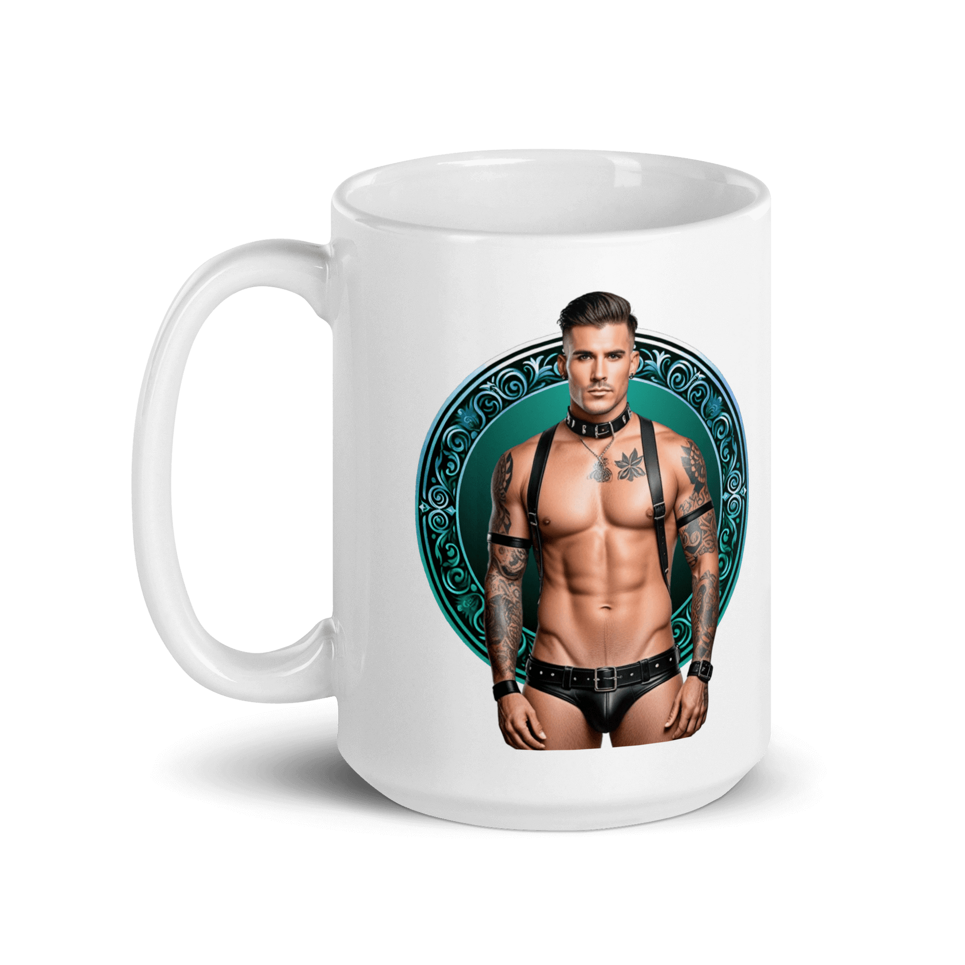 Haus Of Zodiac Mug | Leatherman Kai (Aquarius) featuring a muscular man with tattoos