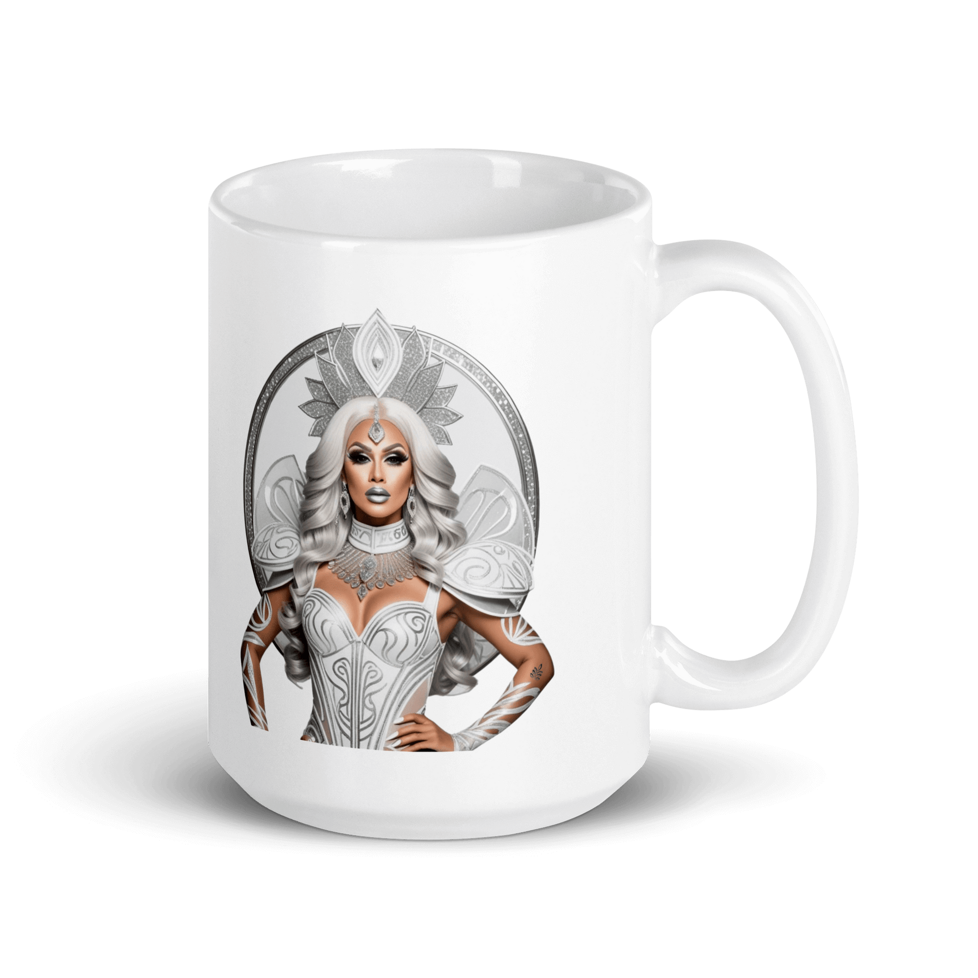 Haus Of Zodiac Mug | Siren Maidan (Virgo) featuring a stylish design of a queen with silver attire.