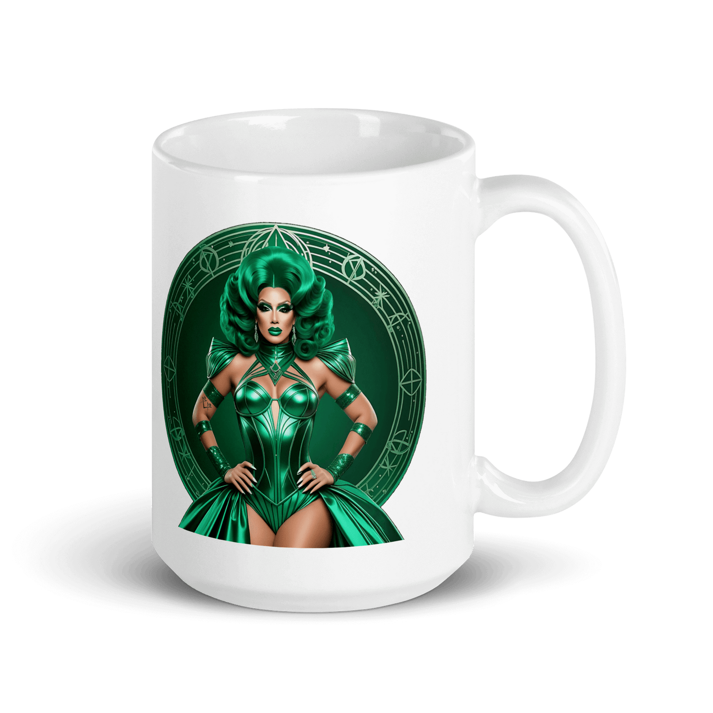 Haus Of Zodiac Mug | Duality Diva (Gemini) with green design and elegant character illustration.