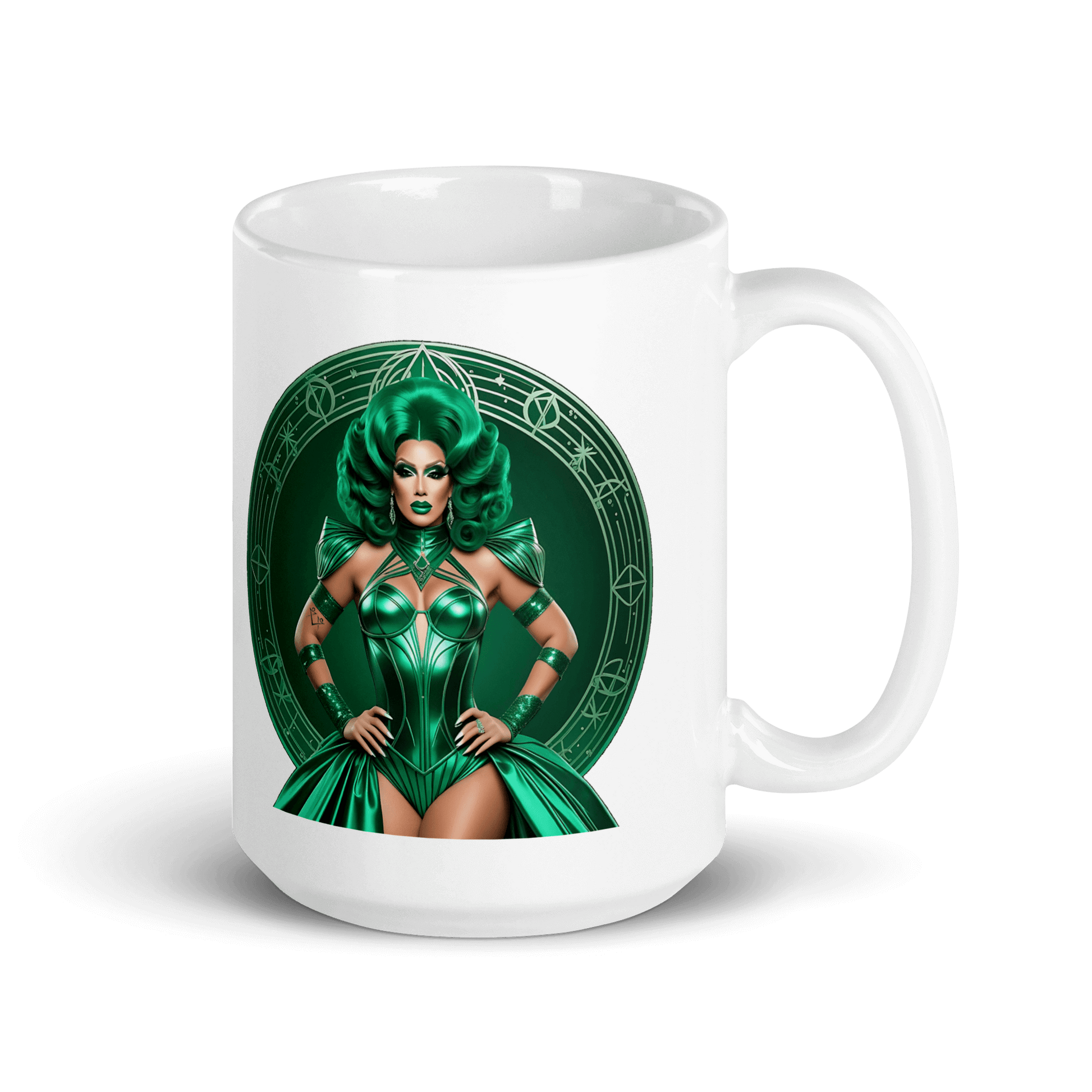 Haus Of Zodiac Mug | Duality Diva (Gemini) with green design and elegant character illustration.
