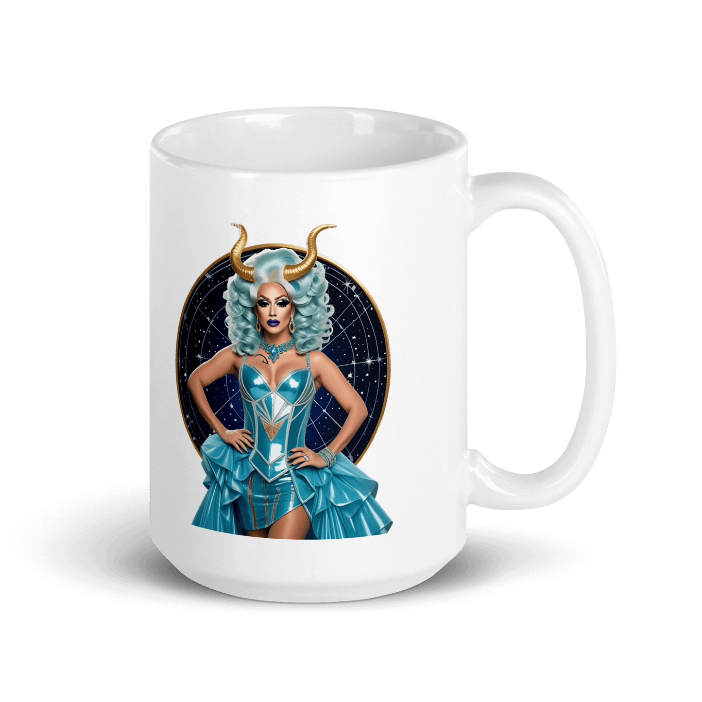 Haus Of Zodiac Mug | Go-Tya Glamour (Capricorn) featuring a stunning drag queen design in teal and gold.