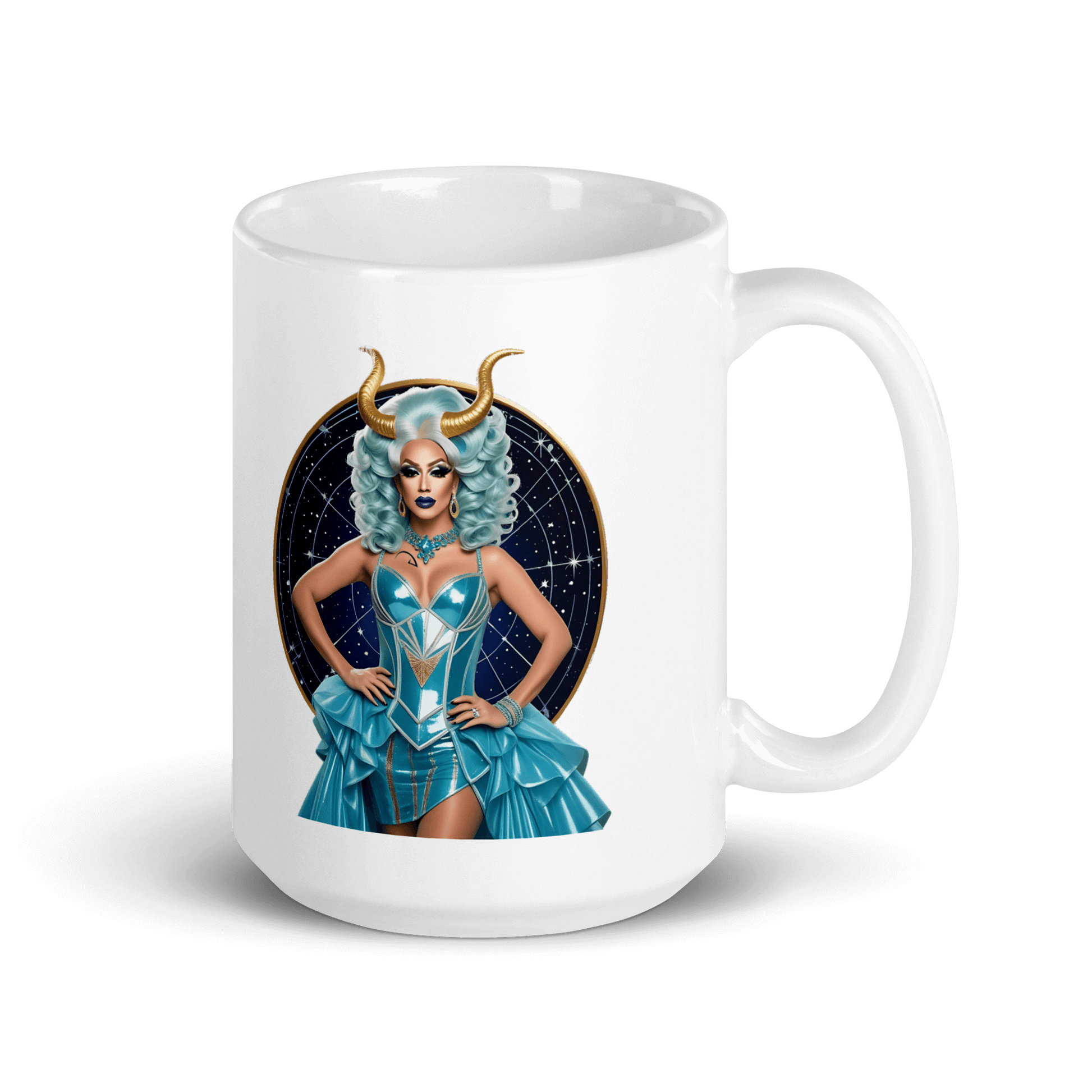 Haus Of Zodiac Mug | Go-Tya Glamour (Capricorn) featuring a stunning drag queen design in teal and gold.