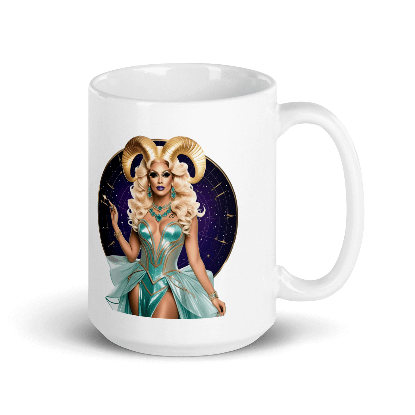 Haus Of Zodiac Mug | Ram-Pagous (Aries) featuring a glamorous Aries design with horns and vibrant colors.