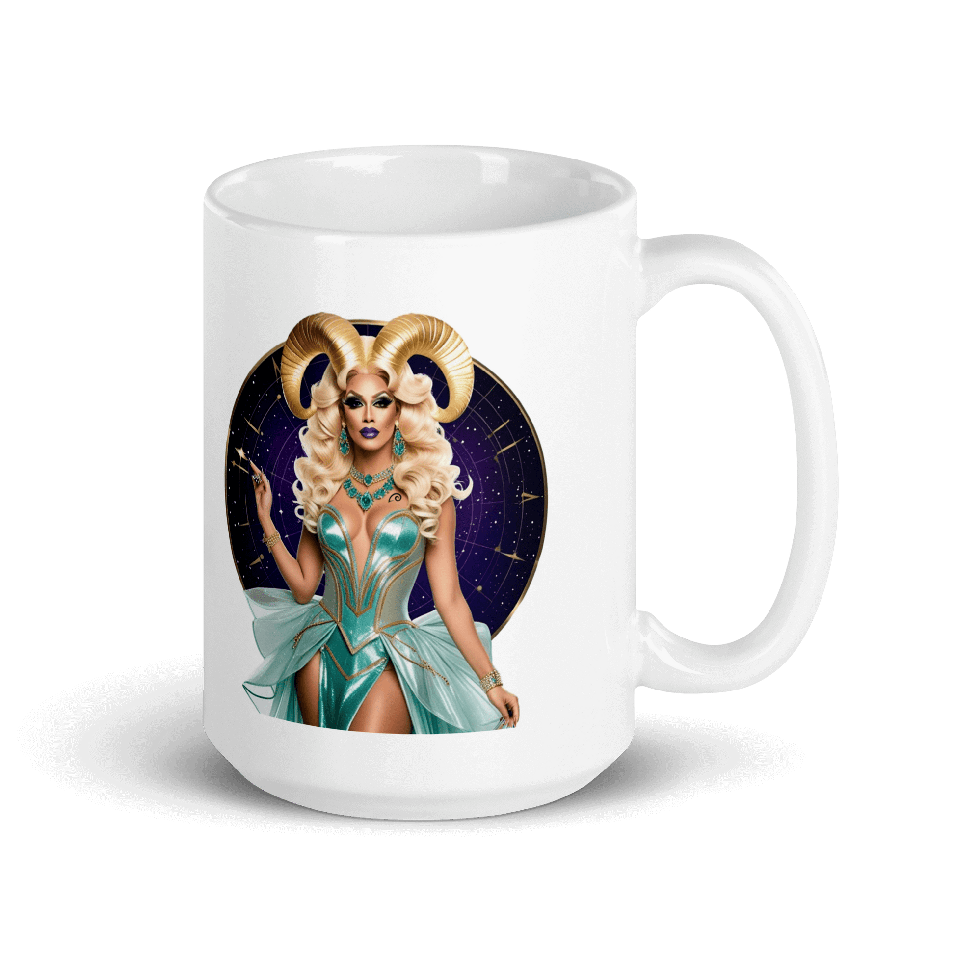 Haus Of Zodiac Mug | Ram-Pagous (Aries) featuring a glamorous Aries design with horns and vibrant colors.