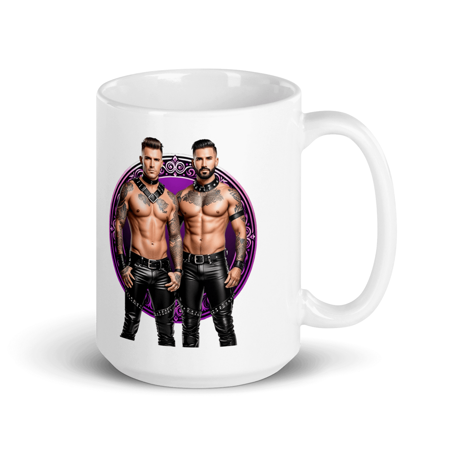 Haus Of Zodiac Mug | Leathermen Indigo & Koi (Pisces) featuring two tattooed men in a vibrant design.