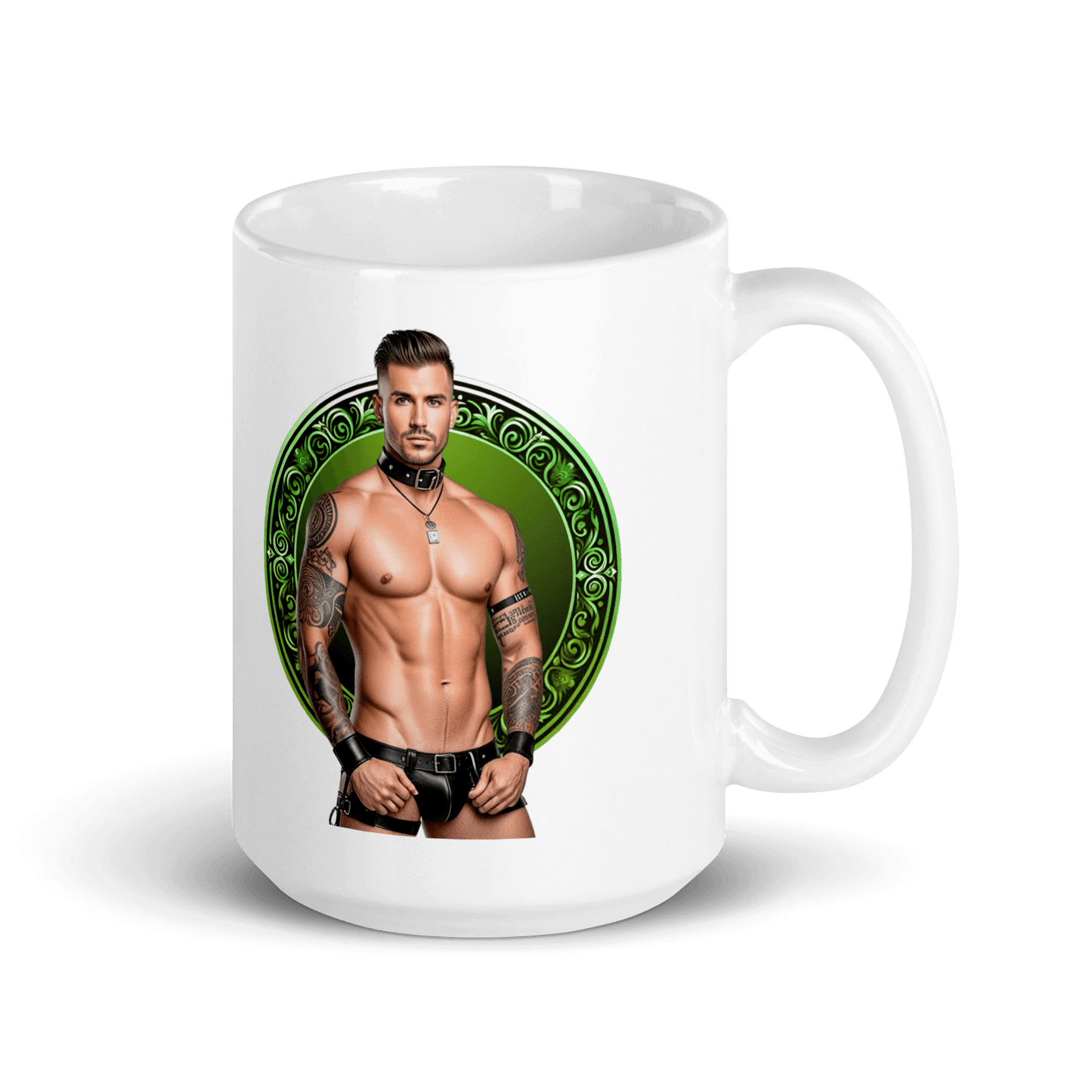 Haus Of Zodiac Mug | Leatherman Pierce (Libra) featuring a muscular man with tattoos in a vibrant green design.