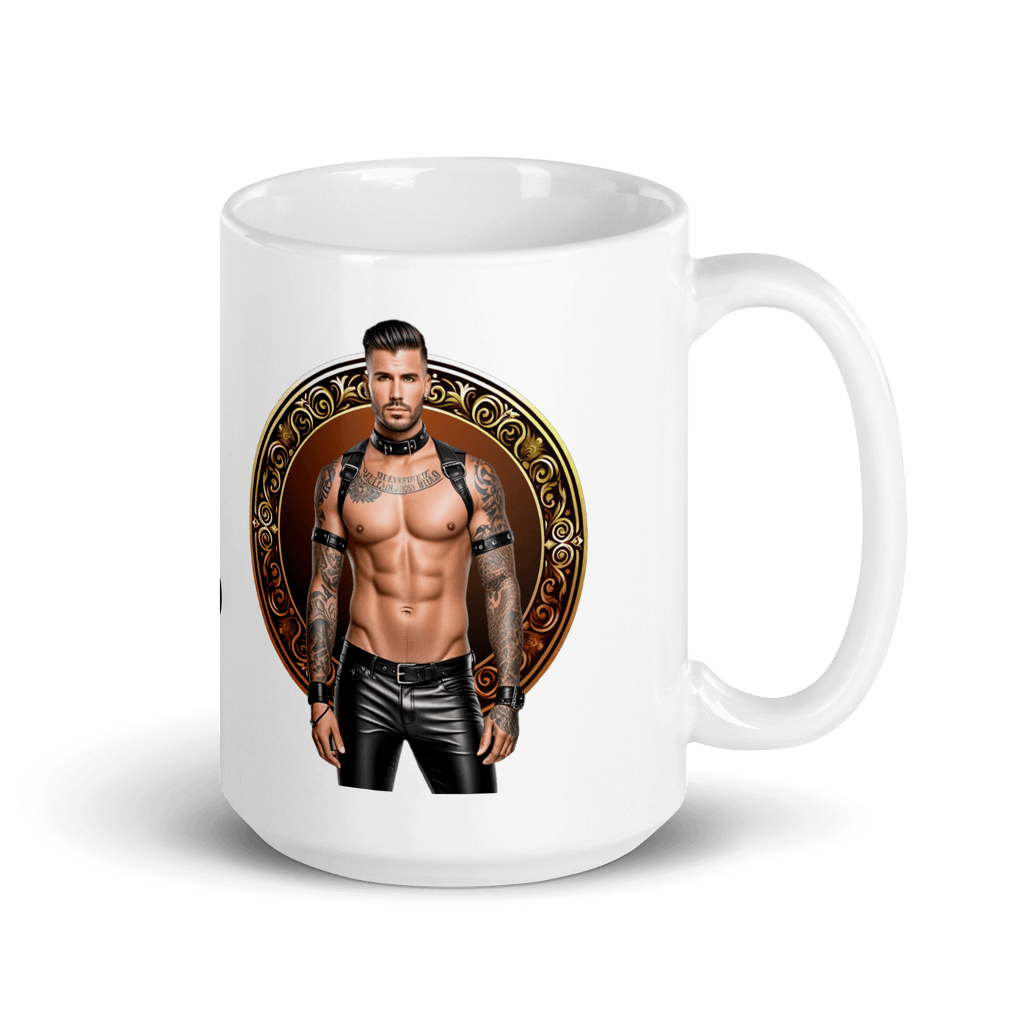 Haus Of Zodiac Mug | Leatherman Rex (Leo) featuring a muscular man with tattoos on a white ceramic mug.